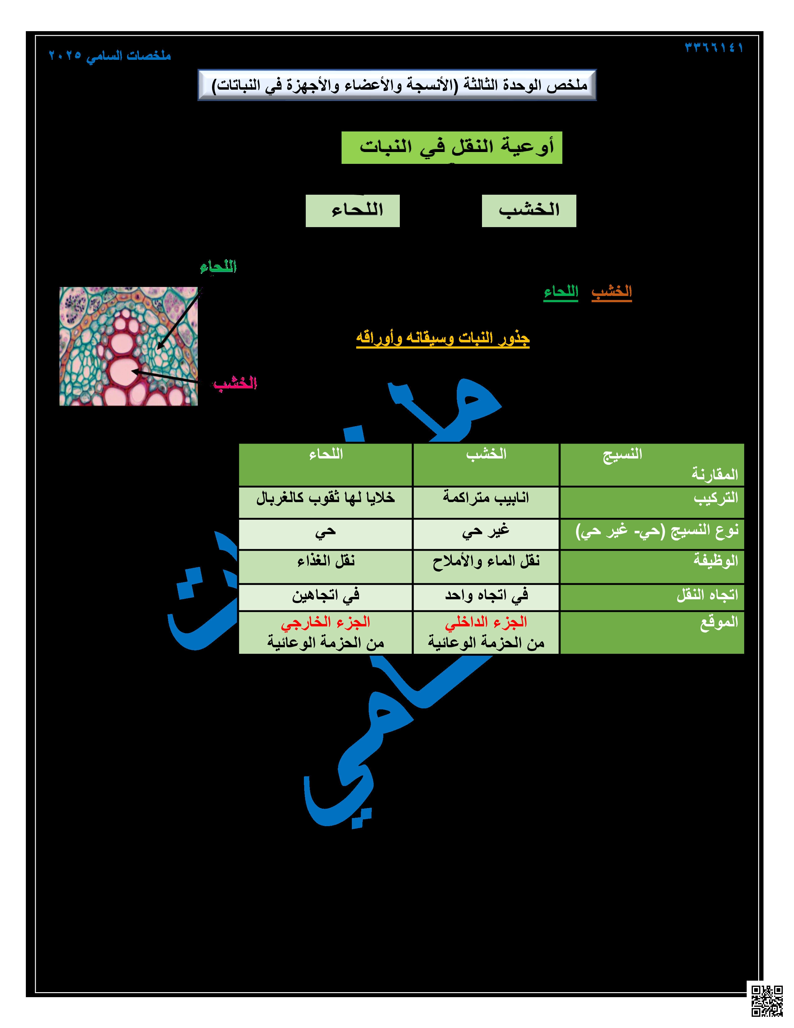 ملخص قصير للوحدة الثالثة الأنسجة والأعضاء والأجهزة في النباتات - علوم - الصف المستوى السابع - الفصل الفصل الأول