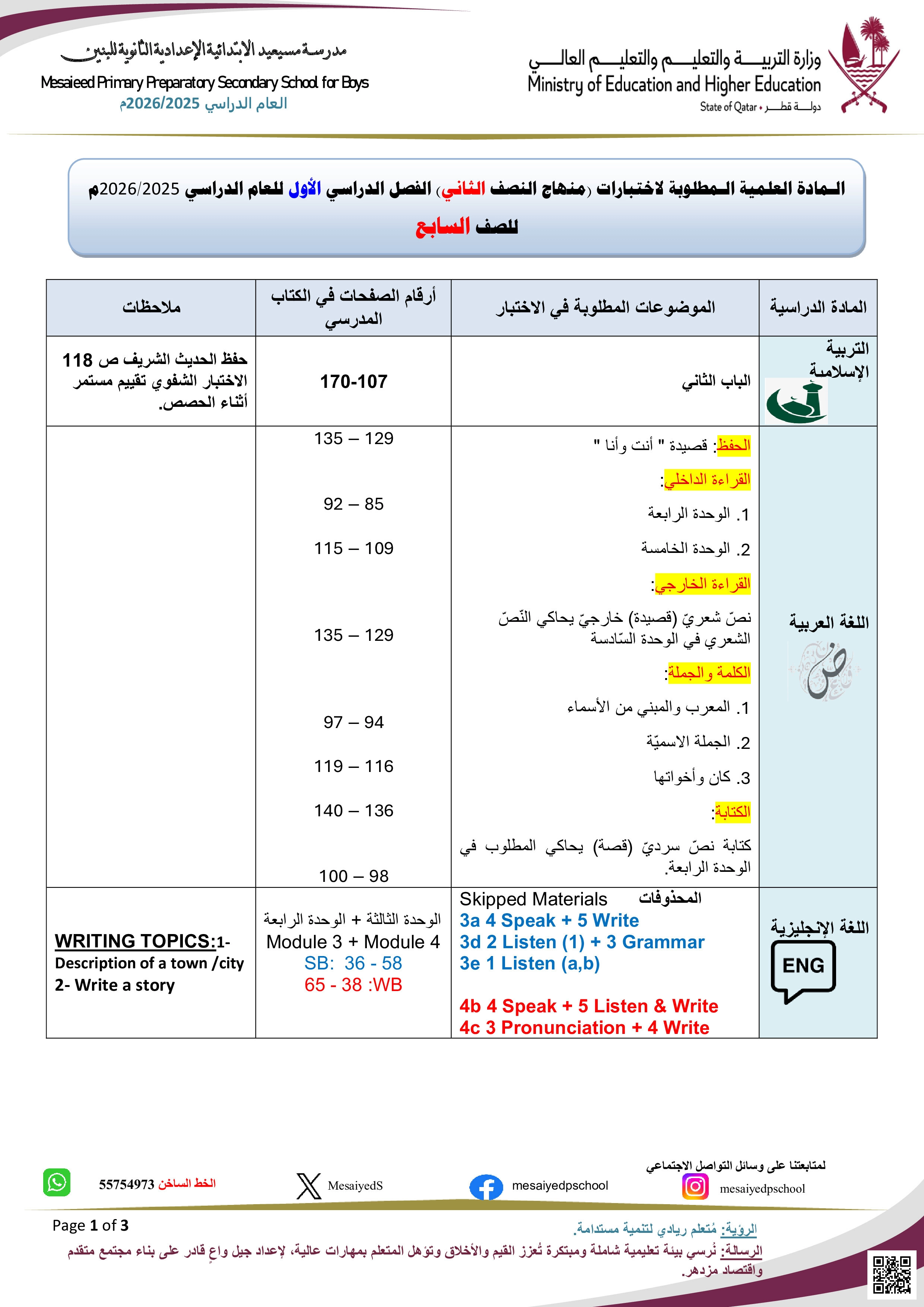 المحتوى المطلوب دراسته لاختبار نهاية الفصل - الامتحانات - الصف المستوى السابع - الفصل الفصل الأول