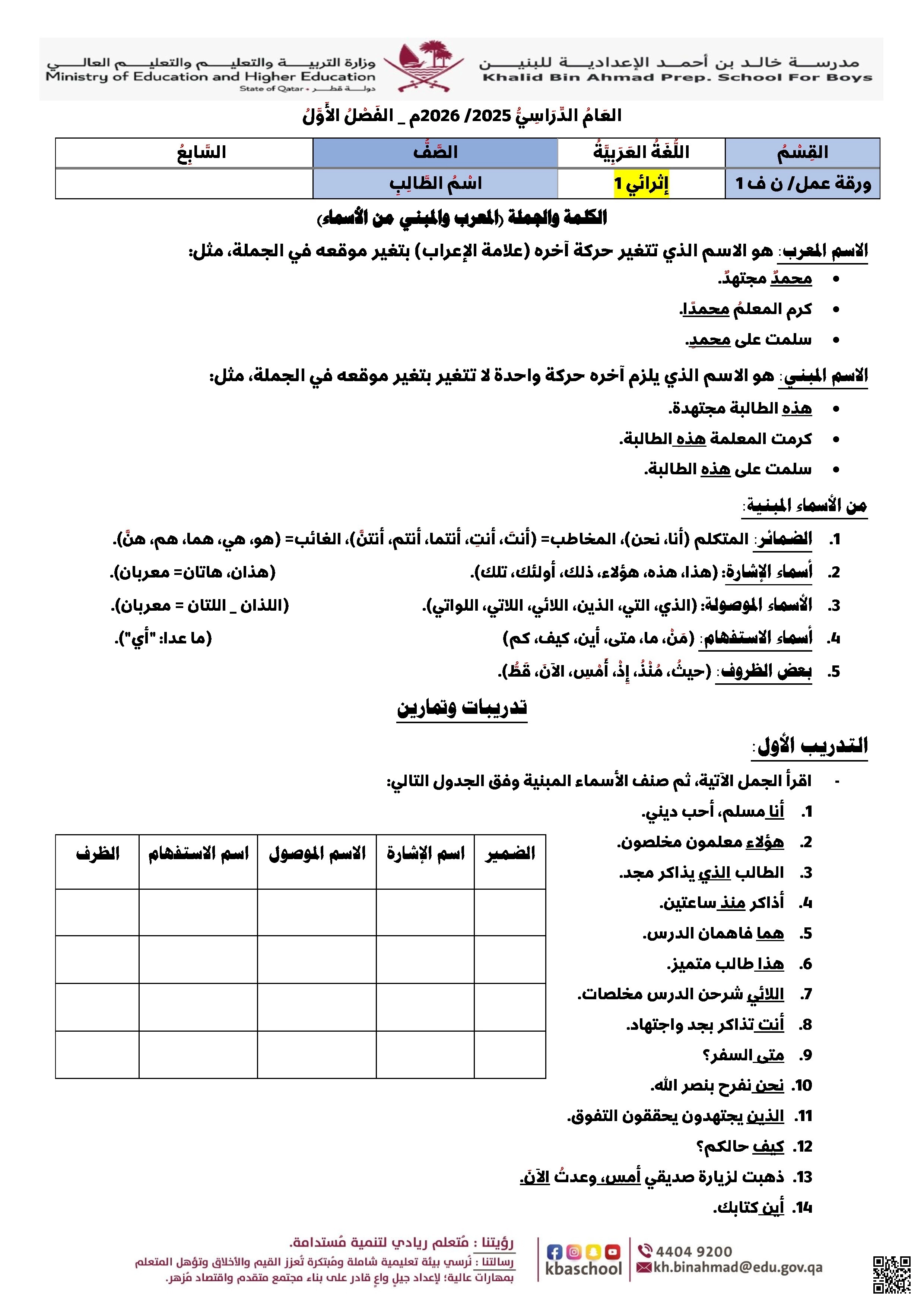 أوراق عمل مدرسة خالد بن أحمد نهاية الفصل غير مجابة - لغة عربية - الصف الصف السابع - الفصل الفصل الأول