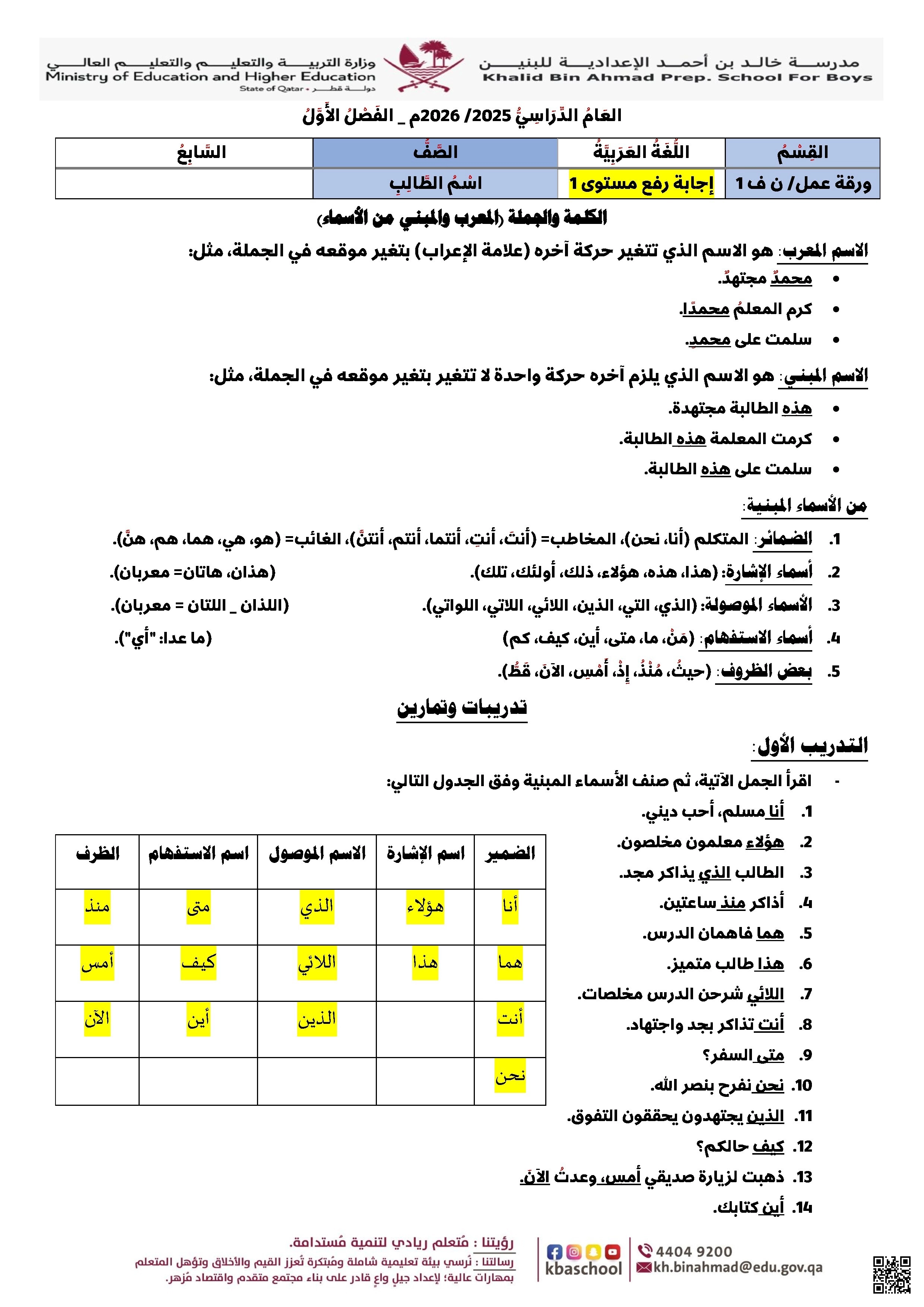 أوراق عمل رفع المستوى نهاية الفصل مدرسة خالد بن أحمد مجابة - لغة عربية - الصف الصف السابع - الفصل الفصل الأول