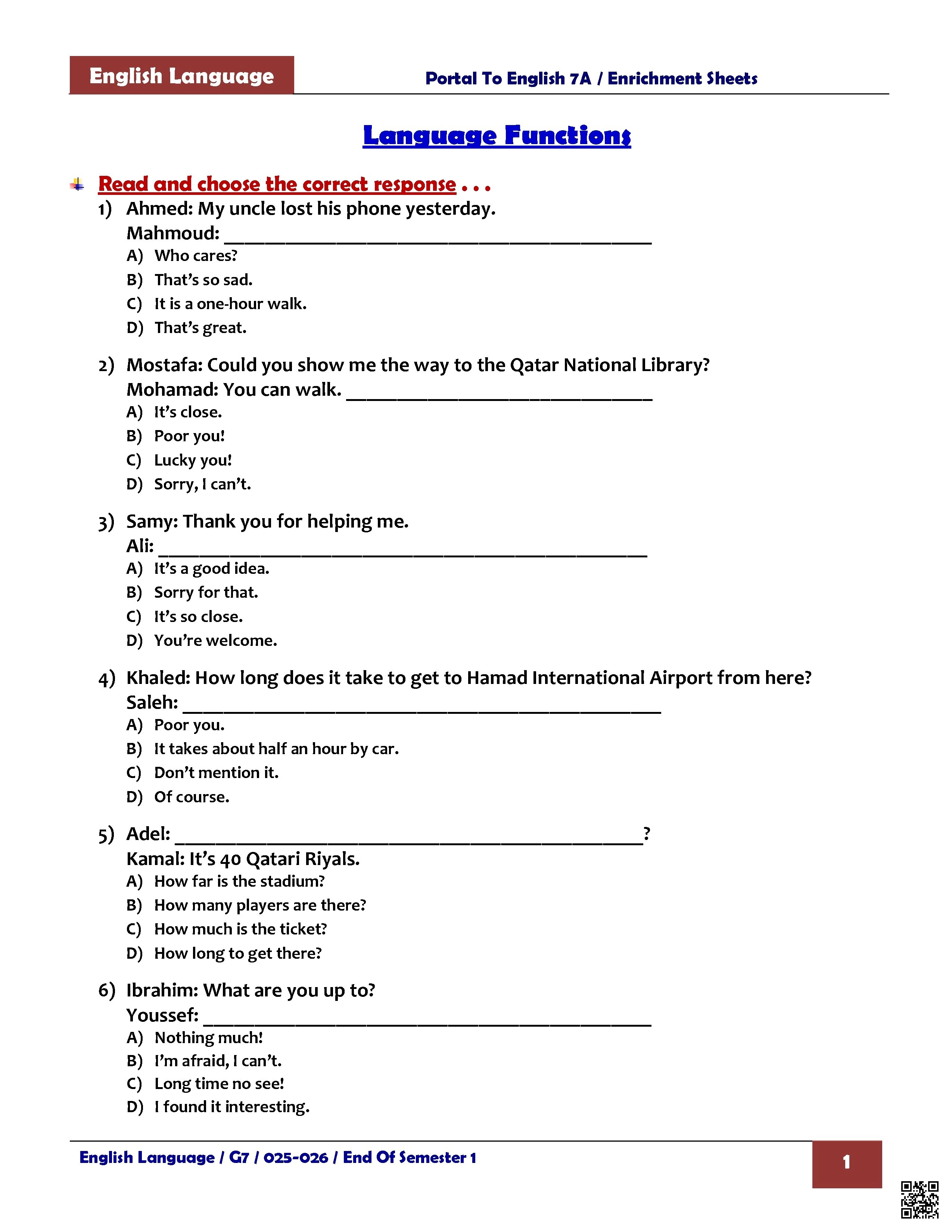 أوراق عمل لاختبار نهاية الفصل غير مجابة - لغة انجليزية - الصف الصف السابع - الفصل الفصل الأول