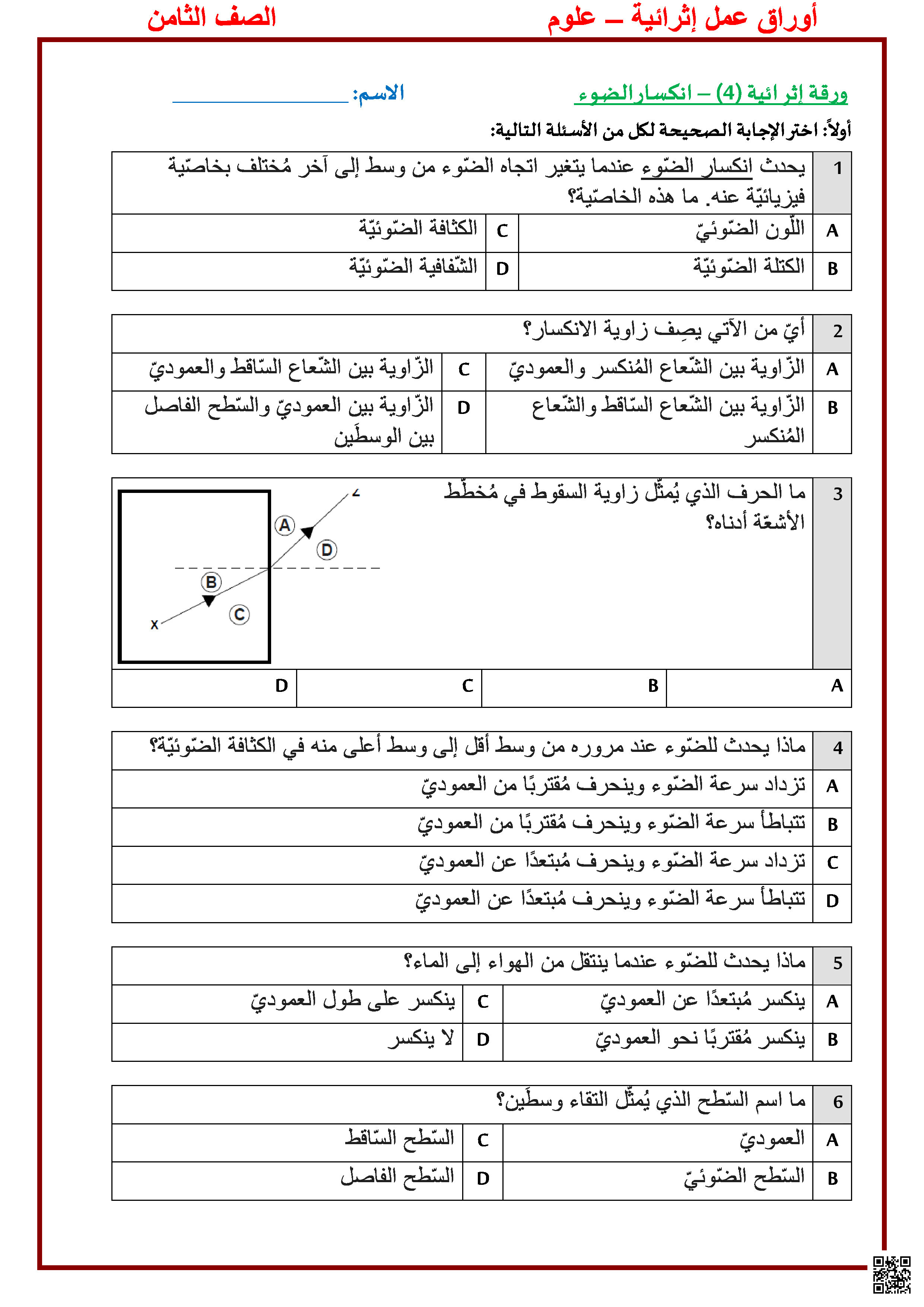 أوراق عمل نهاية الفصل في انكسار الضوء والأحماض والقلويات والغلاف الجوي والنظام الشمسي وأنماط الحياة الصحية - علوم - الصف المستوى الثامن - الفصل الفصل الثاني