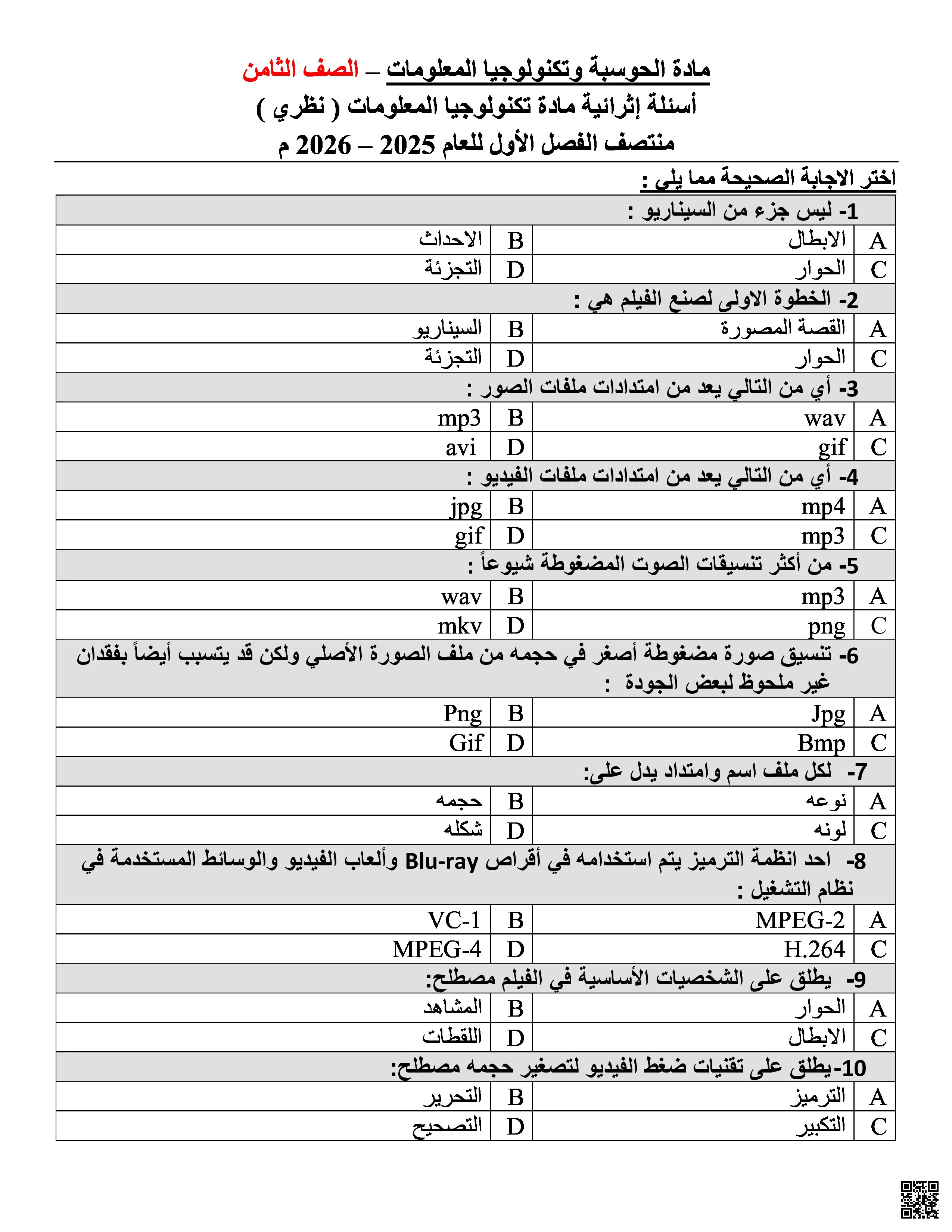 أوراق عمل إثرائية تحضيرية لاختبار منتصف الفصل غير مجابة - علوم الحاسب - الصف المستوى الثامن - الفصل الفصل الأول