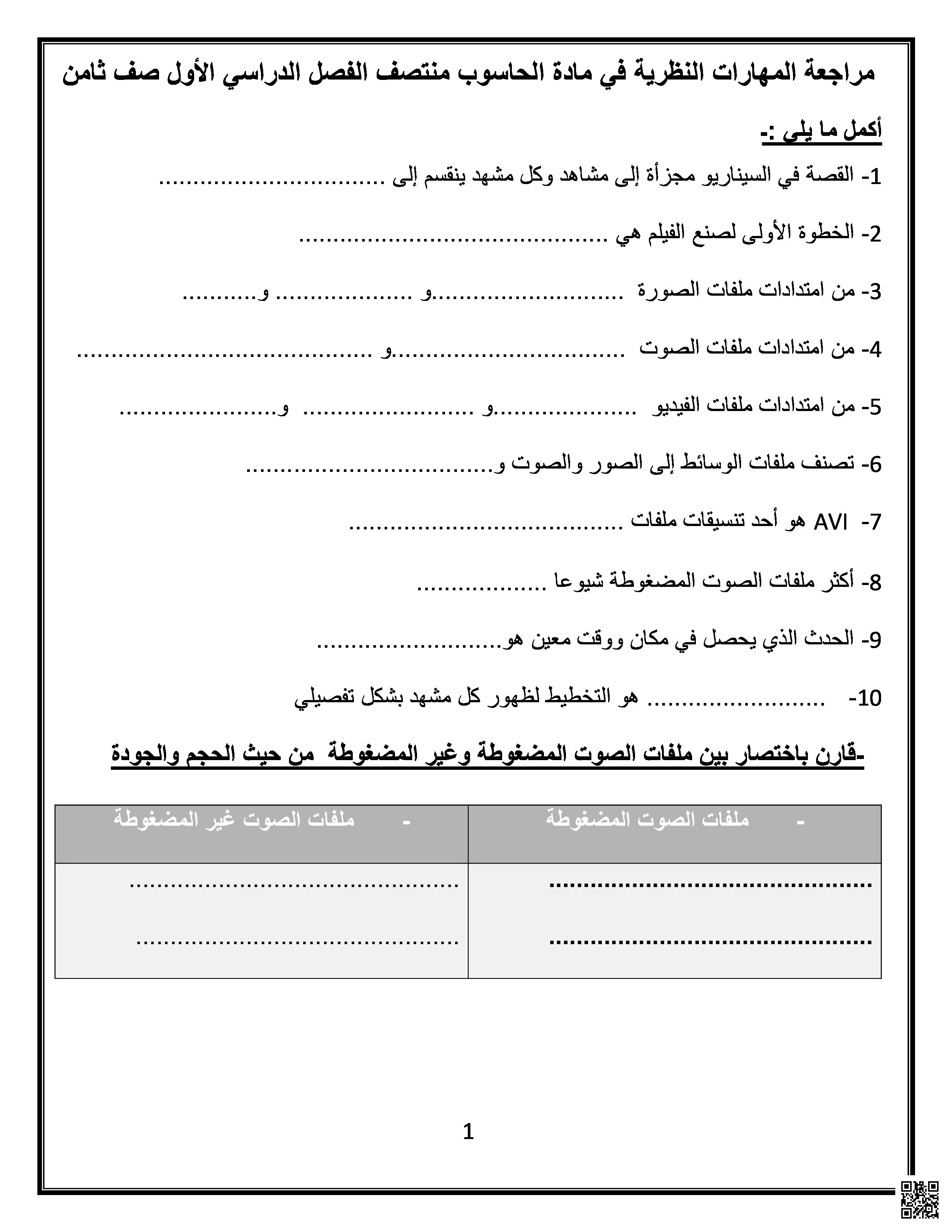 أوراق عمل ومراجعة للمفاهيم النظرية لاختبار منتصف الفصل - علوم الحاسب - الصف المستوى الثامن - الفصل الفصل الأول