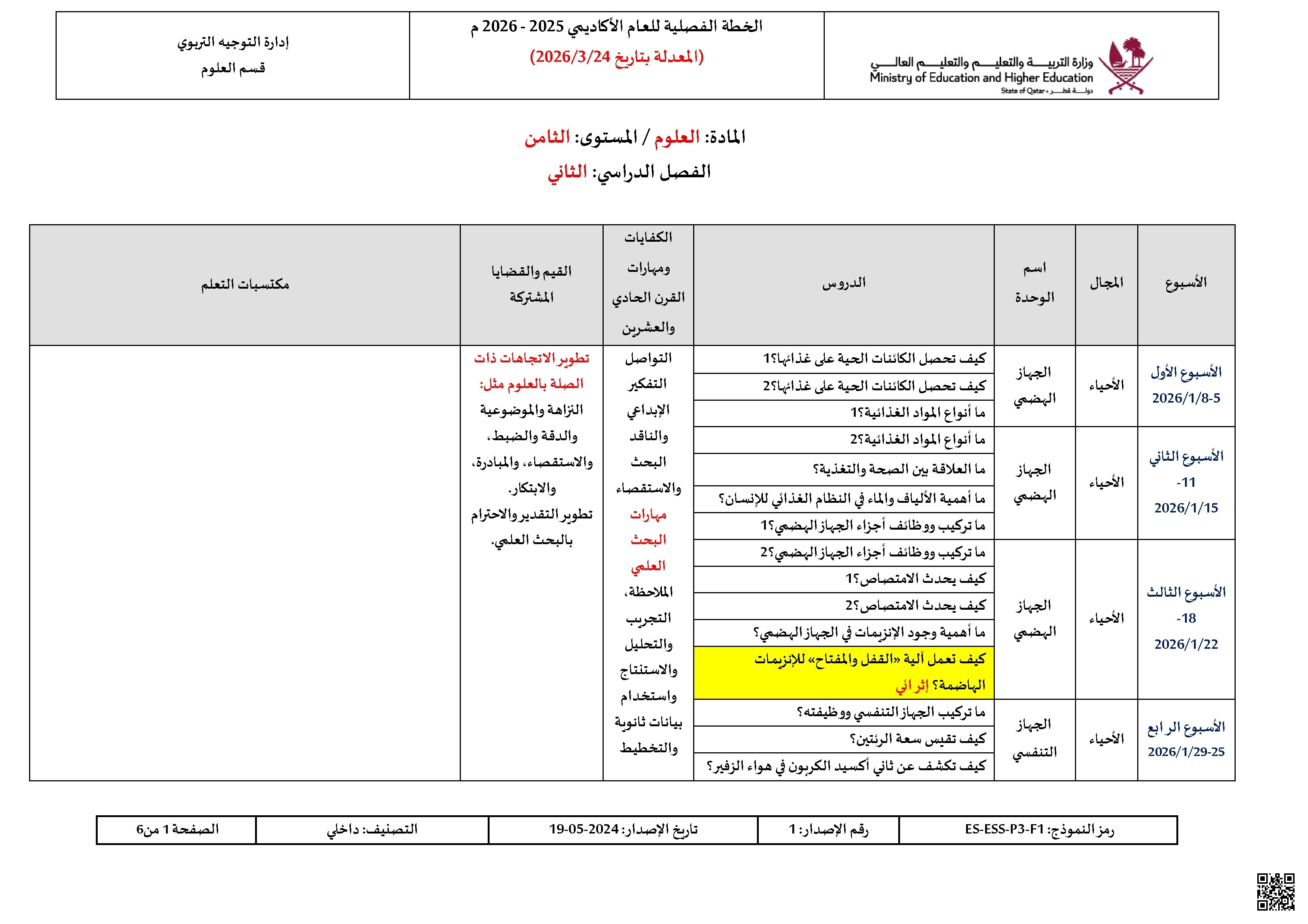 الخطة الفصلية المعدلة للفصل الثاني - علوم - الصف الصف الثامن - الفصل الفصل الثاني