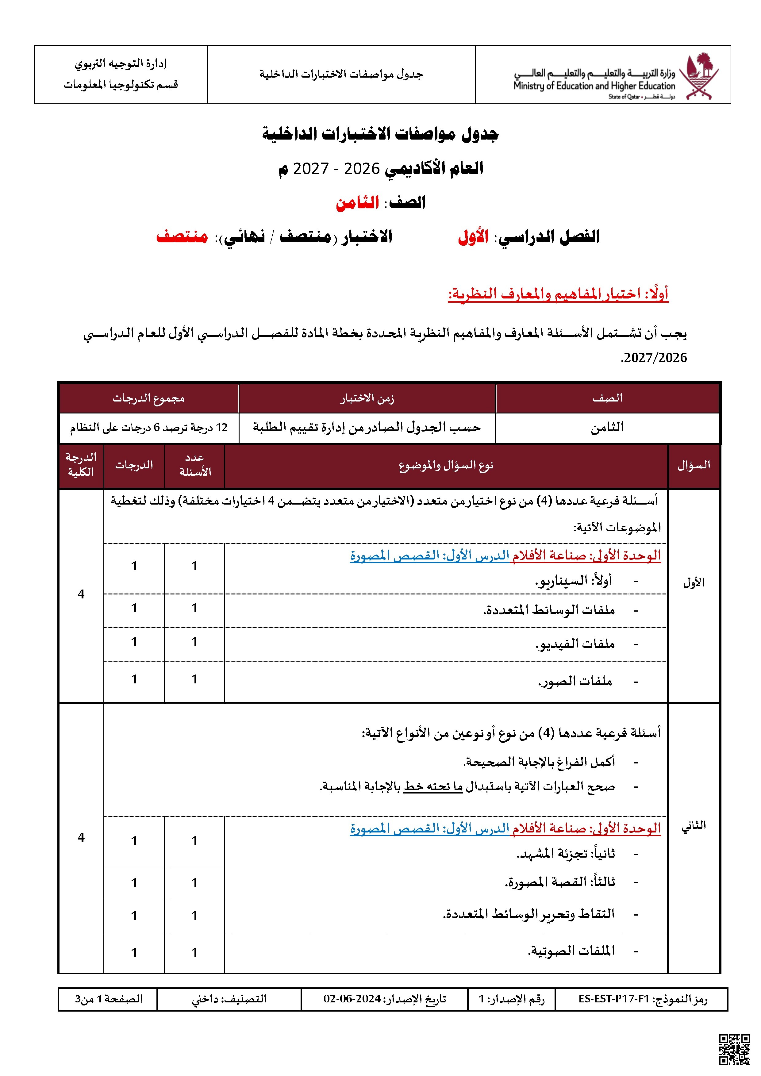 جدول مواصفات الاختبارات الداخلية