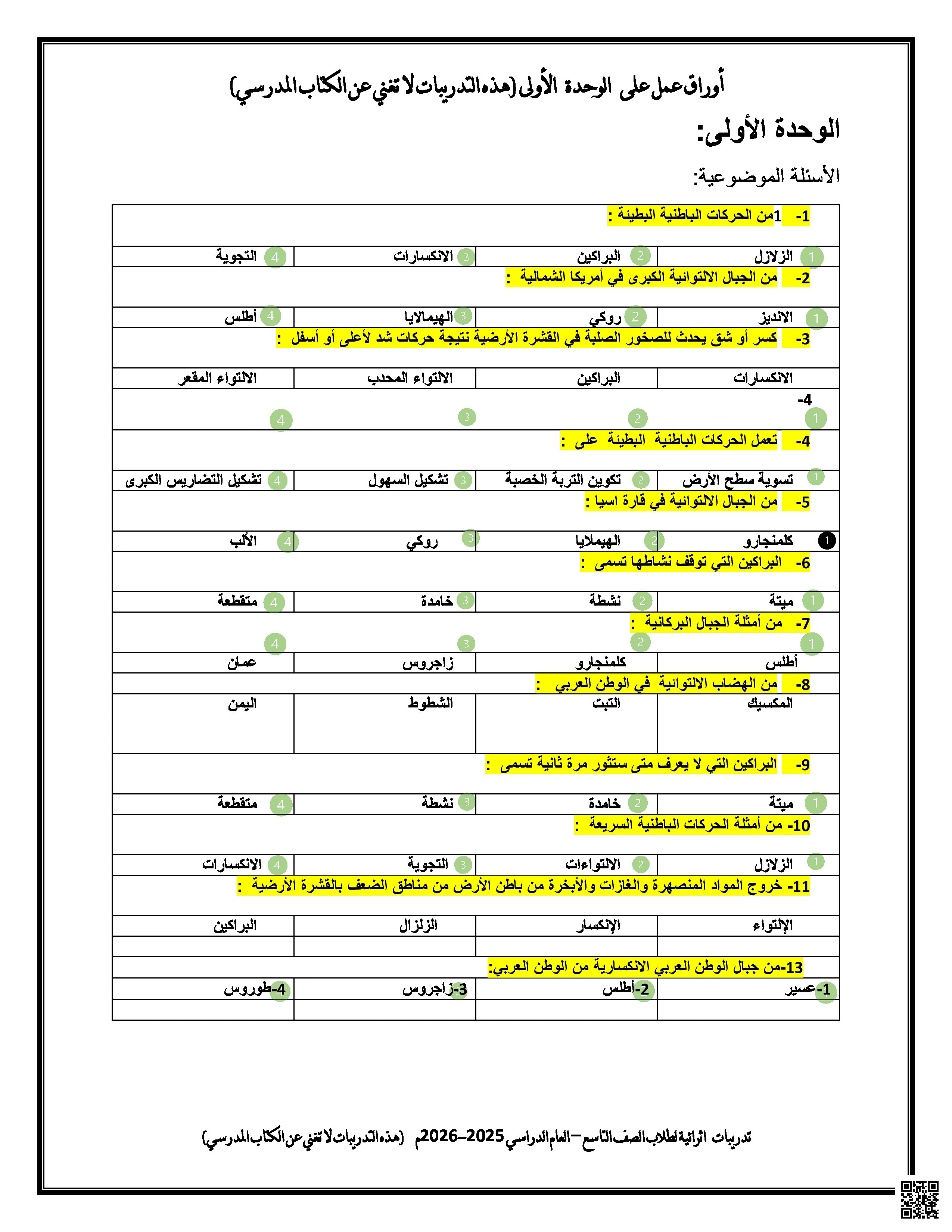 أوراق عمل في العوامل الباطنية المؤثرة في تشكيل سطح الأرض مع الإجابة النموذجية - اجتماعيات - الصف المستوى التاسع - الفصل الفصل الأول