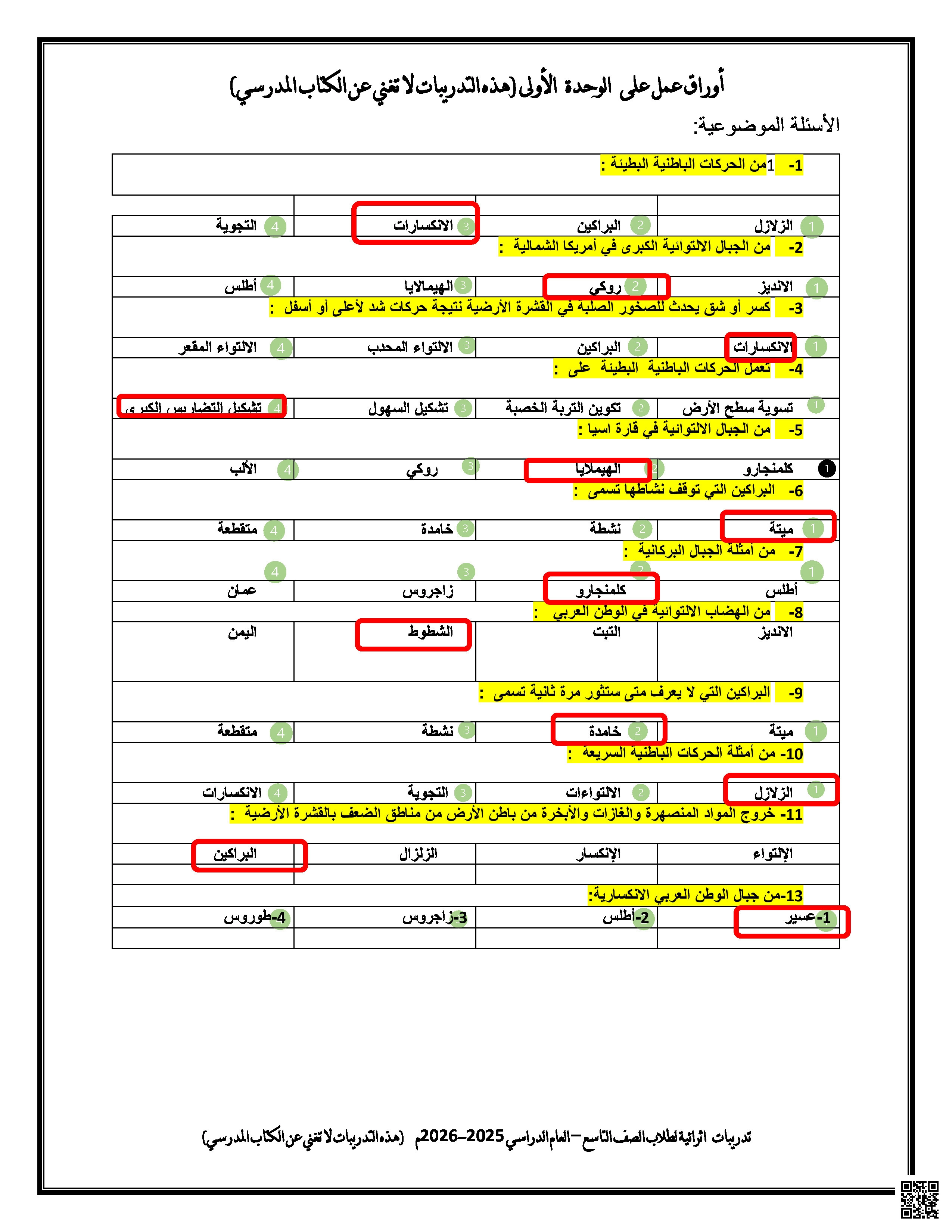 أوراق عمل في الوحدة الأولى مع الإجابة النموذجية - اجتماعيات - الصف المستوى التاسع - الفصل الفصل الأول