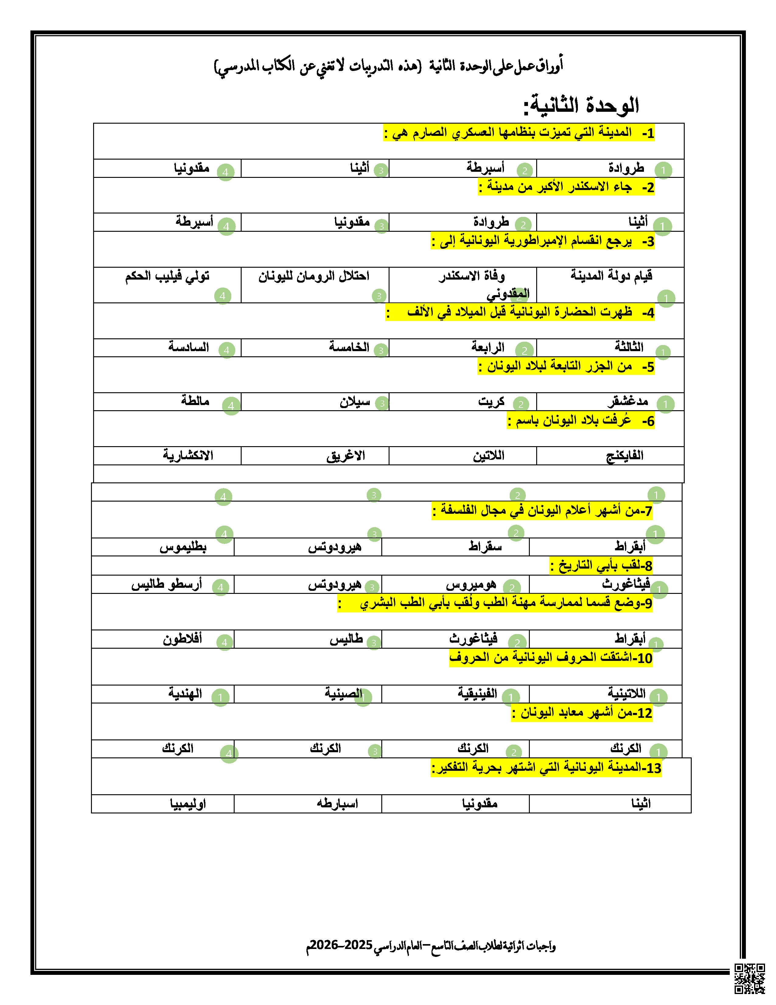 أوراق عمل في الوحدة الثانية غير مجابة - اجتماعيات - الصف المستوى التاسع - الفصل الفصل الأول