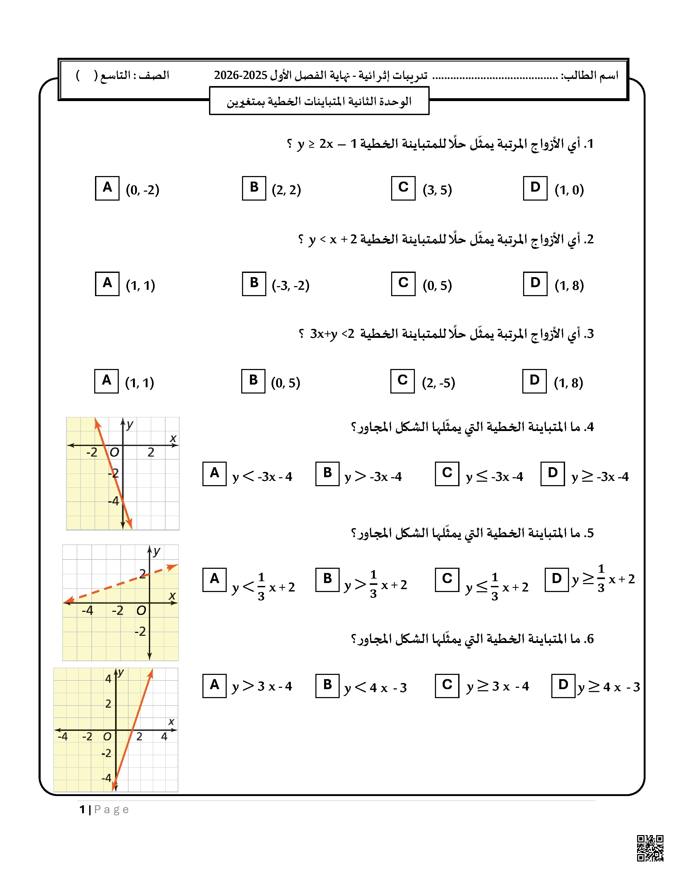 أوراق عمل نهاية الفصل غير مجابة - رياضيات - الصف الصف التاسع - الفصل الفصل الأول