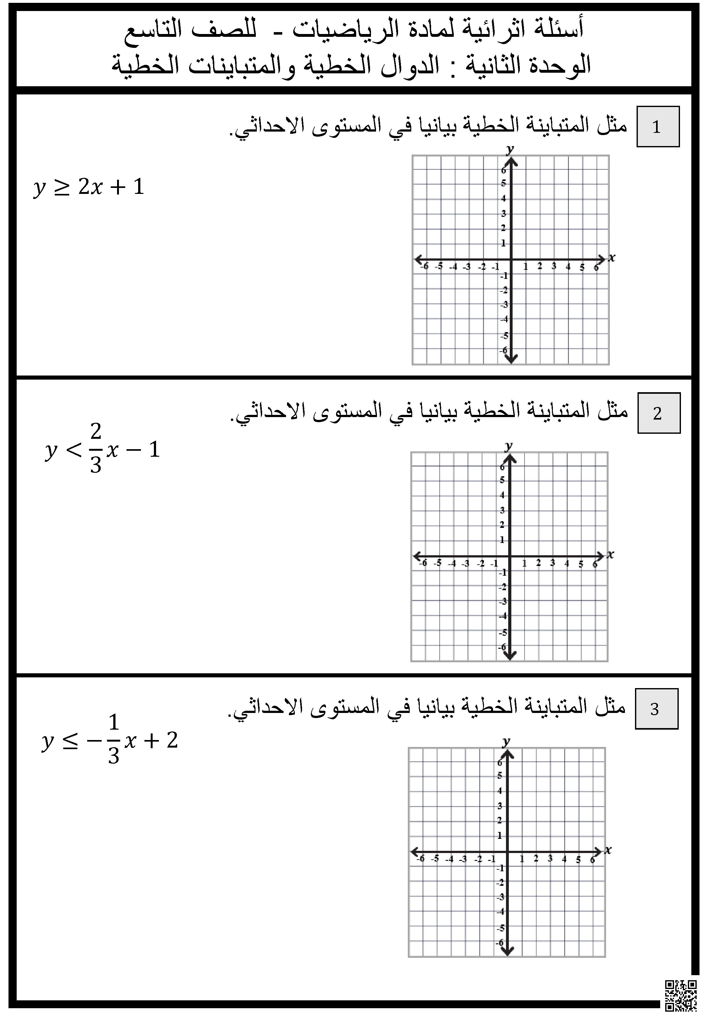 أوراق عمل شاملة لاختبار نهاية الفصل غير مجابة - رياضيات - الصف الصف التاسع - الفصل الفصل الأول