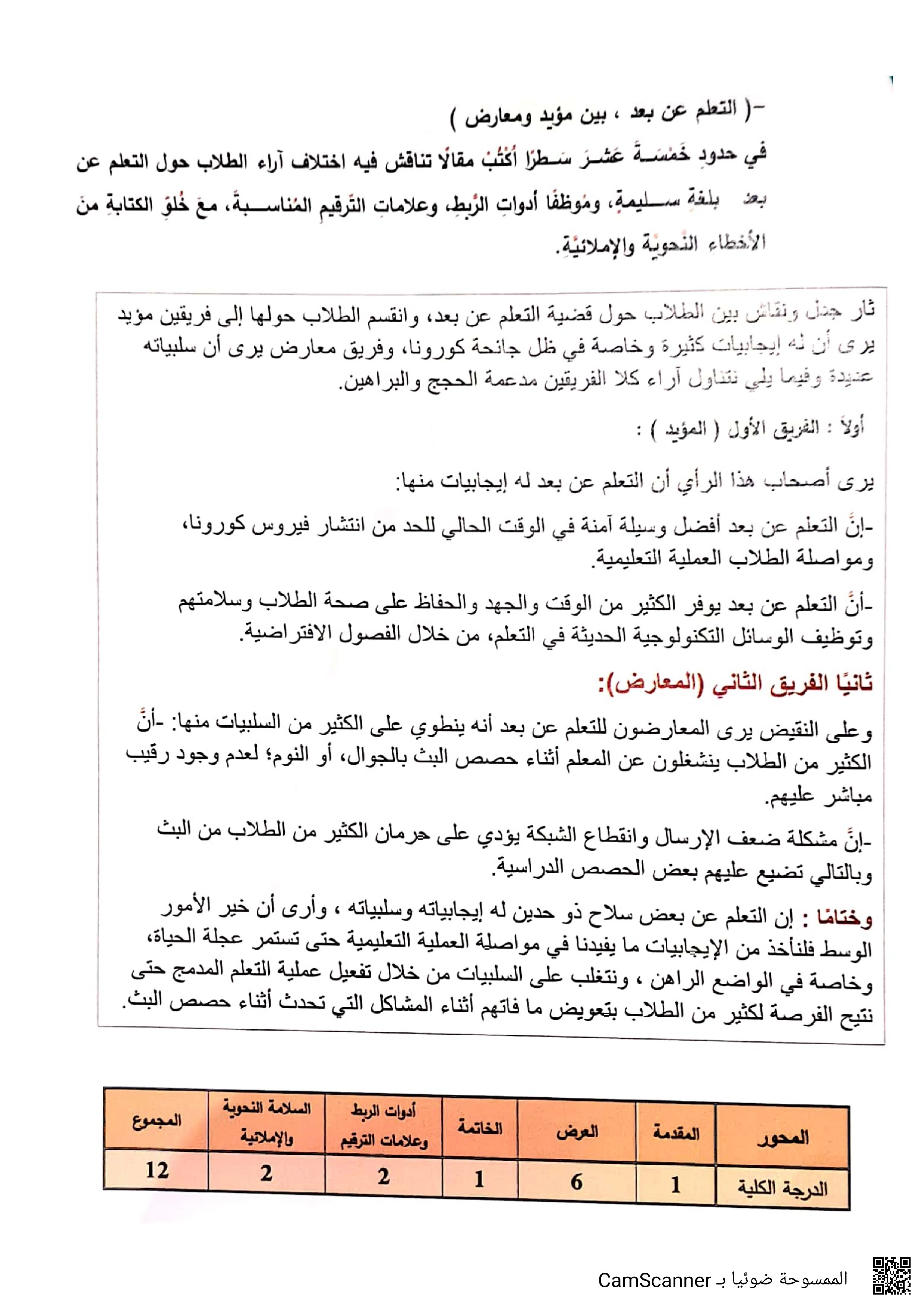 نص نقاشي عن التعلم عن بعد - لغة عربية - الصف الصف التاسع - الفصل الفصل الأول