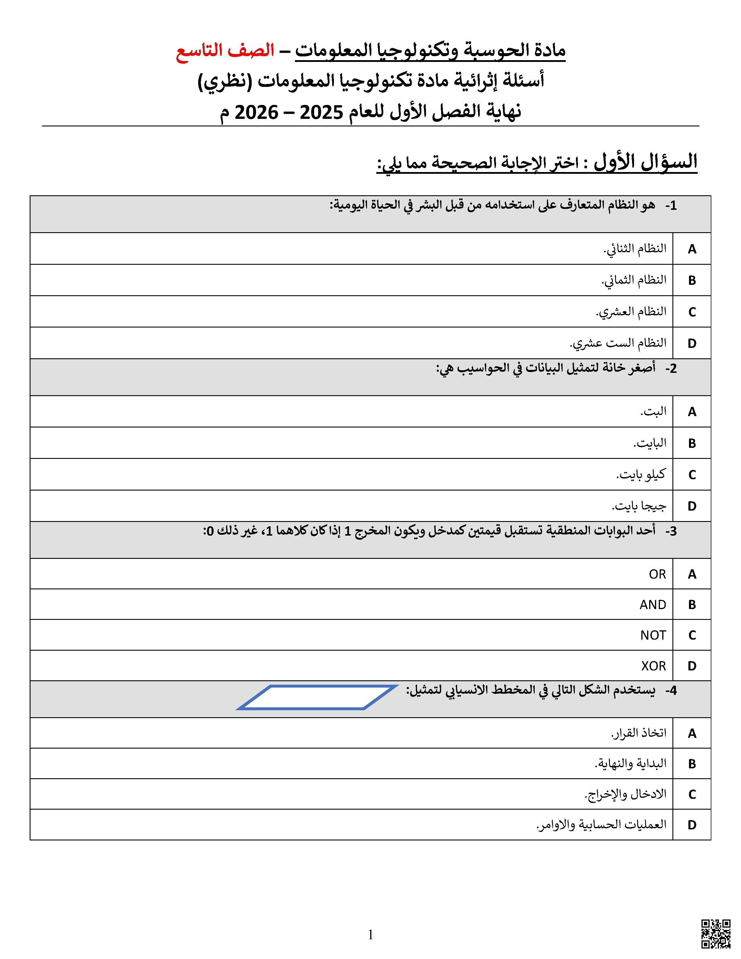 أوراق عمل نهاية الفصل غير مجابة - علوم الحاسب - الصف الصف التاسع - الفصل الفصل الأول
