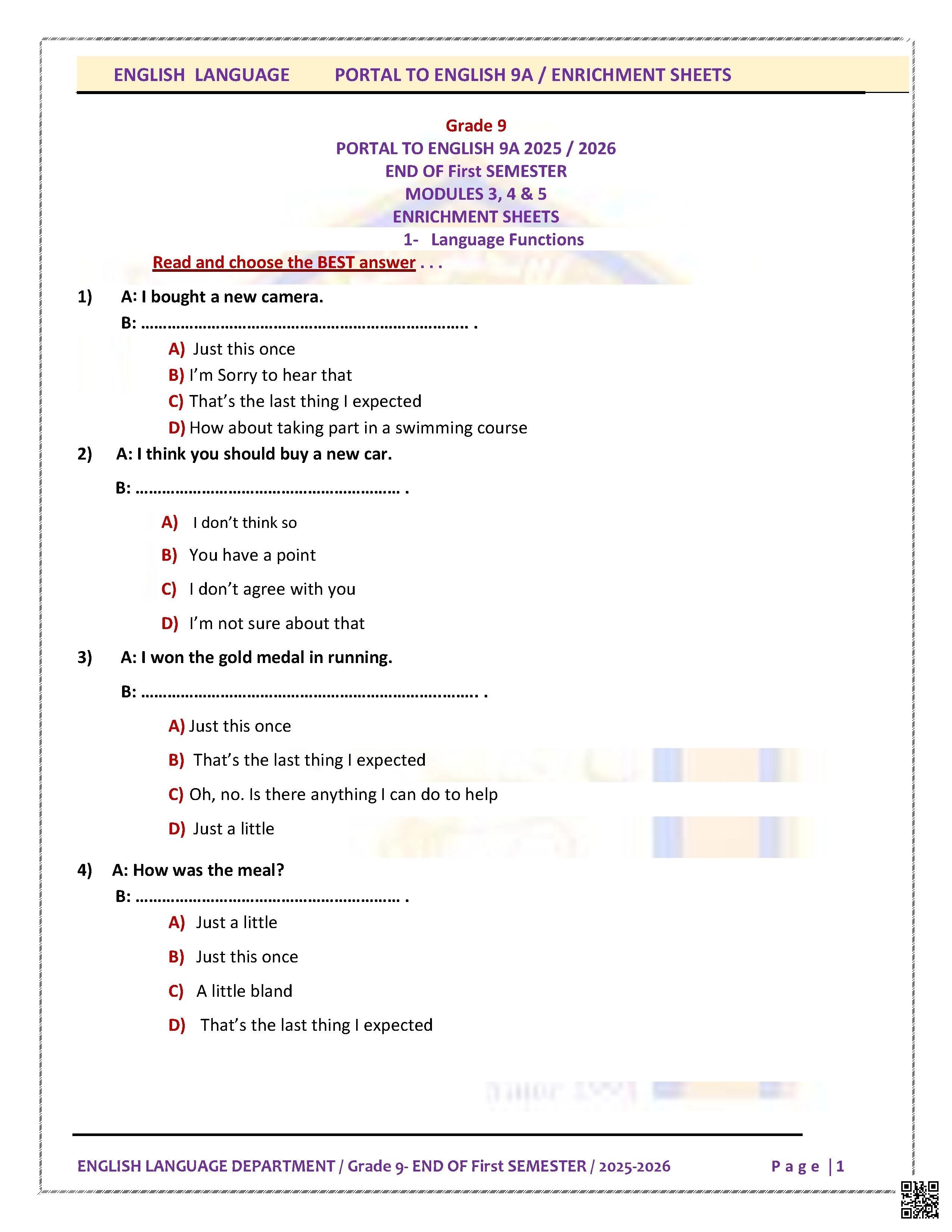 أوراق عمل نهاية الفصل غير مجابة - لغة انجليزية - الصف الصف التاسع - الفصل الفصل الأول