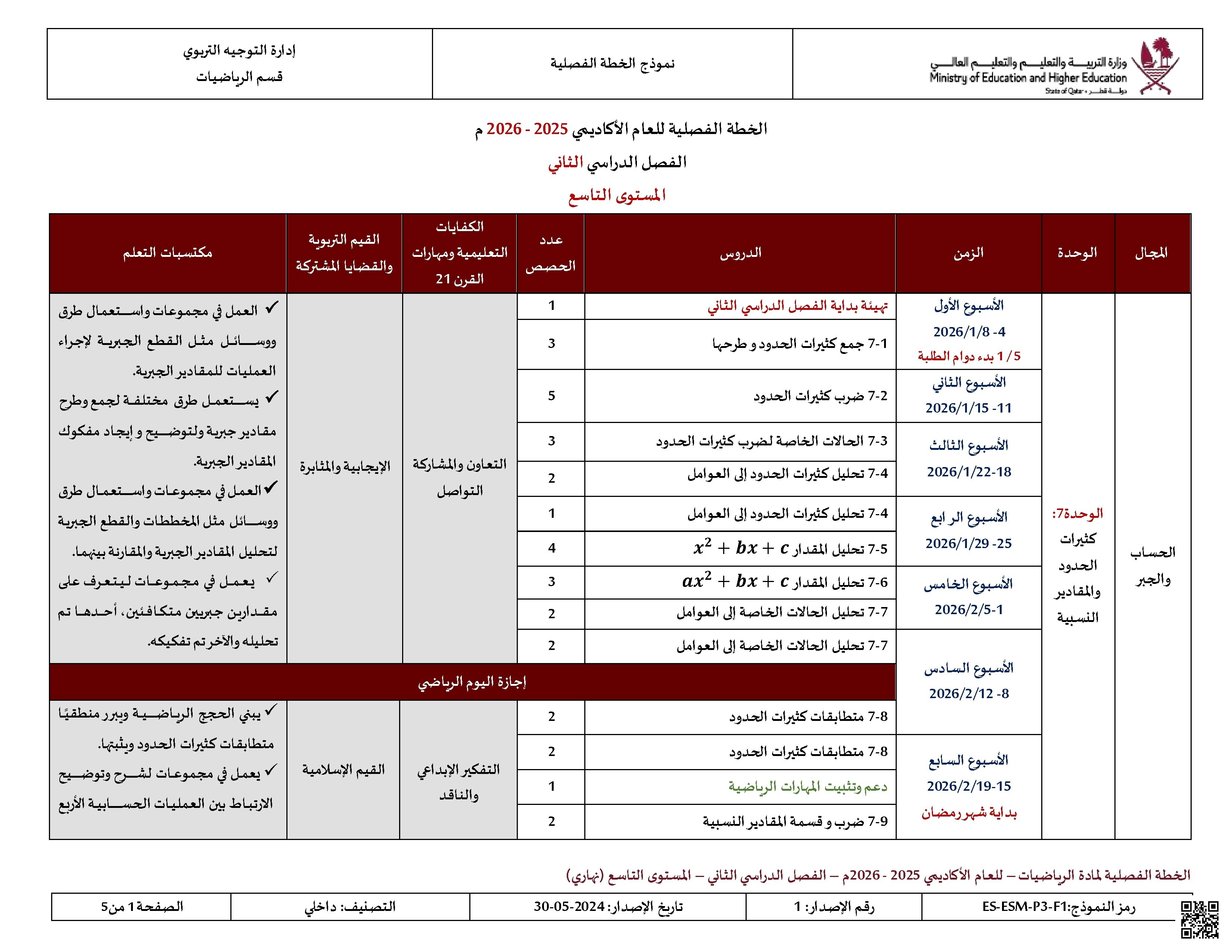 الخطة الفصلية وتوصيف الدروس المقرر تدريسها - رياضيات - الصف الصف التاسع - الفصل الفصل الثاني