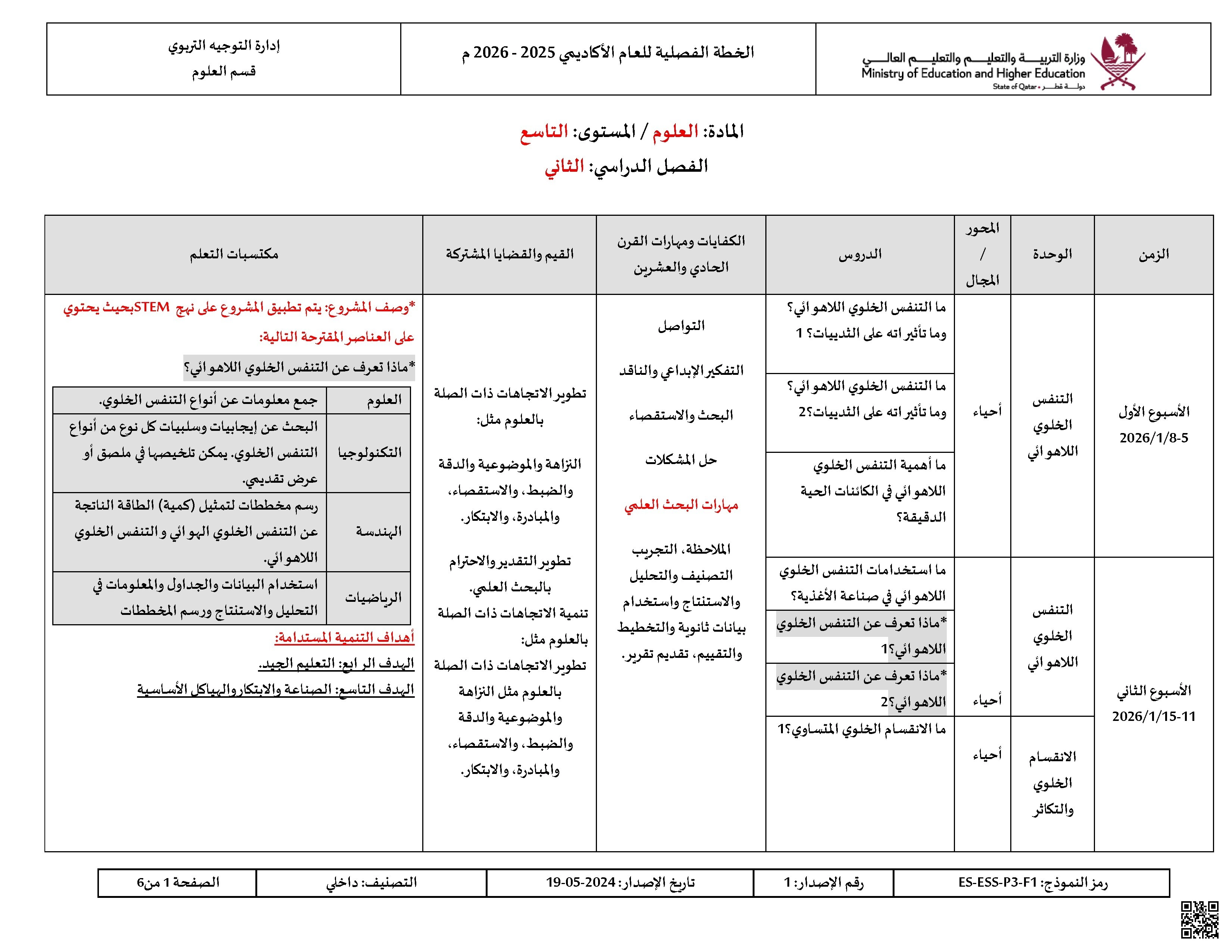 الخطة الفصلية وتوصيف الدروس المقرر تدريسها - علوم - الصف الصف التاسع - الفصل الفصل الثاني