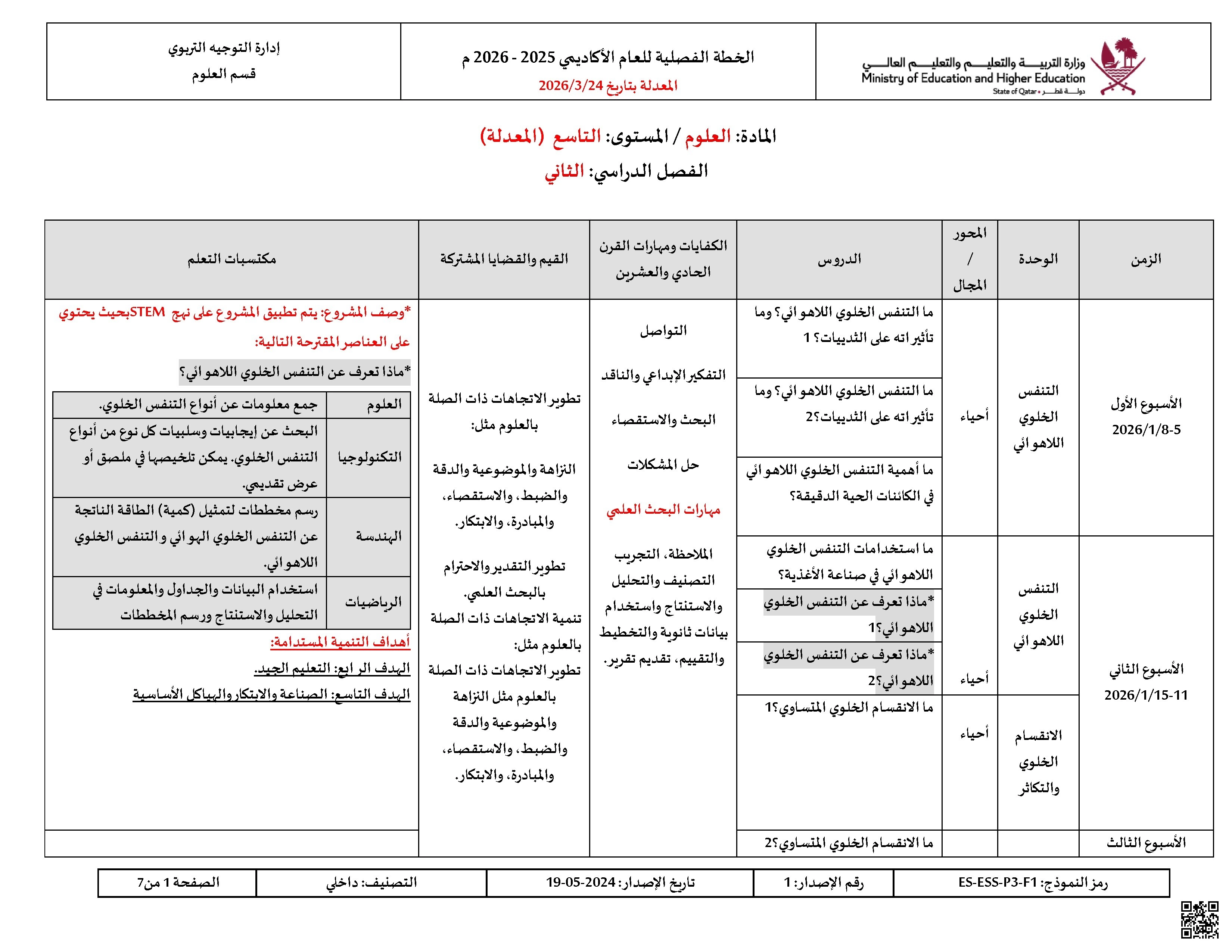الخطة الفصلية المعدلة للفصل الثاني - علوم - الصف الصف التاسع - الفصل الفصل الثاني