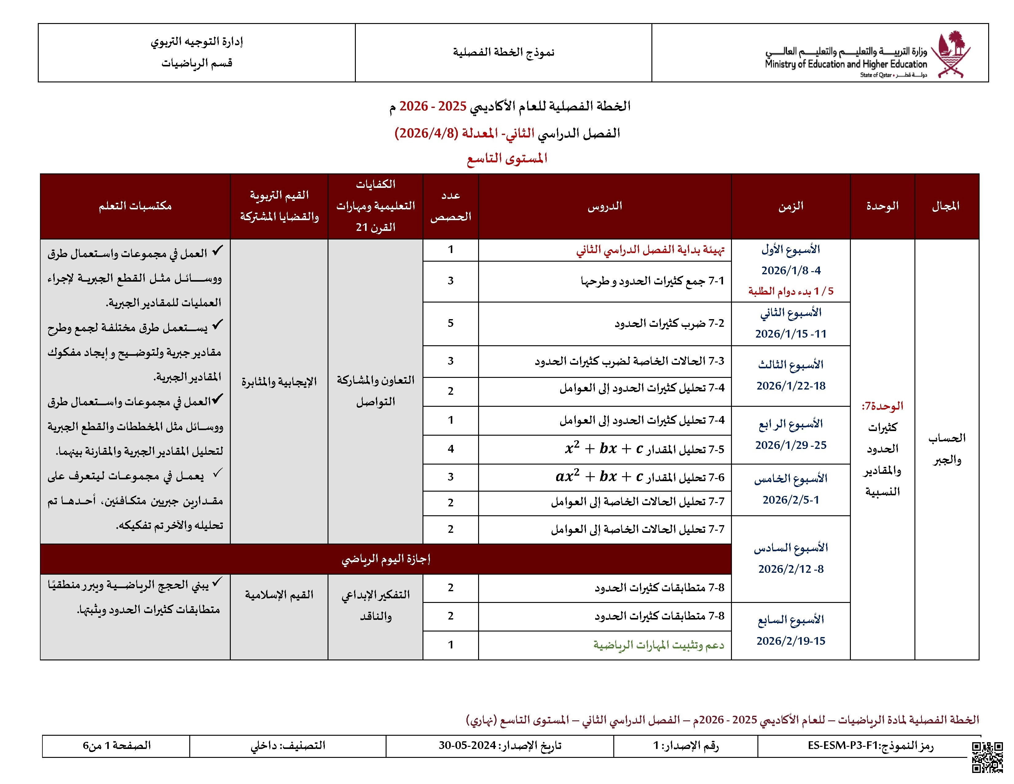 الخطة الفصلية المعدلة للفصل الثاني اخر تحديث 9 أبريل