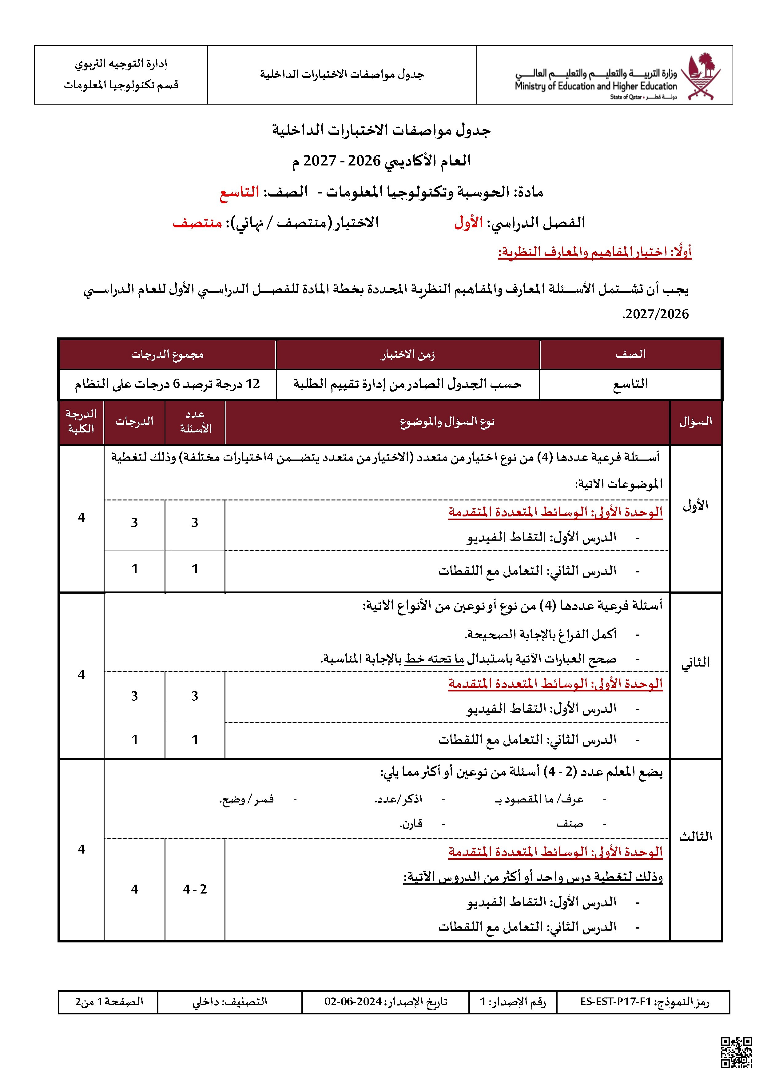 جدول مواصفات الاختبارات الداخلية