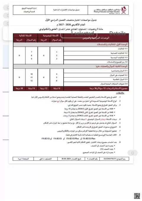 جدول مواصفات اختبار منتصف الفصل الدراسي الأول