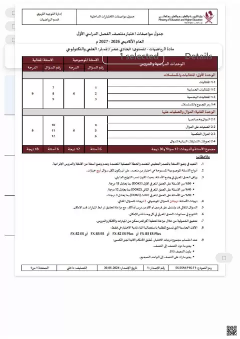 جدول مواصفات اختبار منتصف الفصل الدراسي الأول