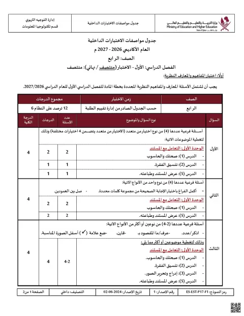 جدول مواصفات الاختبارات الداخلية