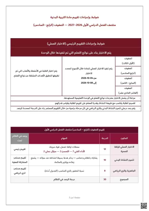 ضوابط وإجراءات تقييم اختبار منتصف الفصل الأول 2027