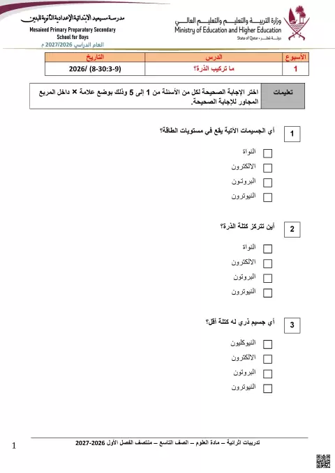 تدريبات إثرائية لدرس تركيب الذرة
