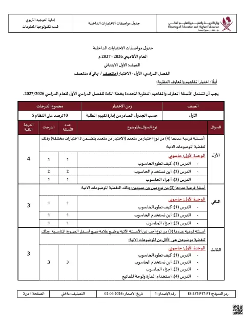 جدول مواصفات الاختبارات الداخلية