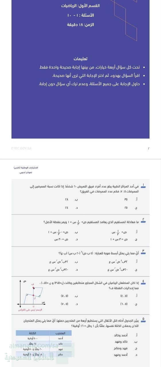 نافس الاختبارات الوطنية نموذج تدريبي أ غير محلول