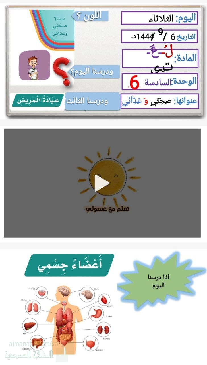 الوحدة السادسة غذائي وصحتي عيادة المريض أعضاء جسمي