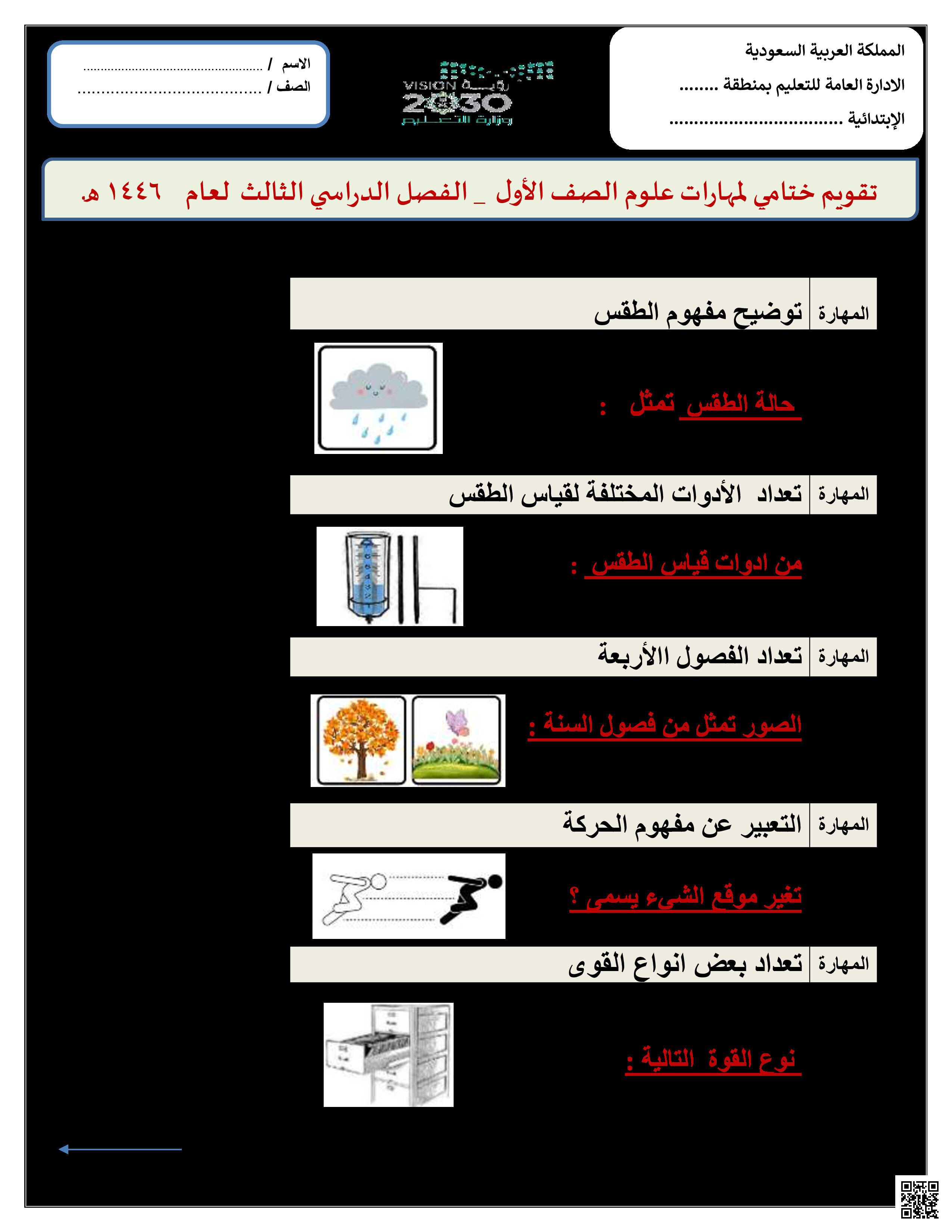 نموذج تقويم ختامي للمهارات - علوم - الصف الصف الأول - الفصل الفصل الثالث
