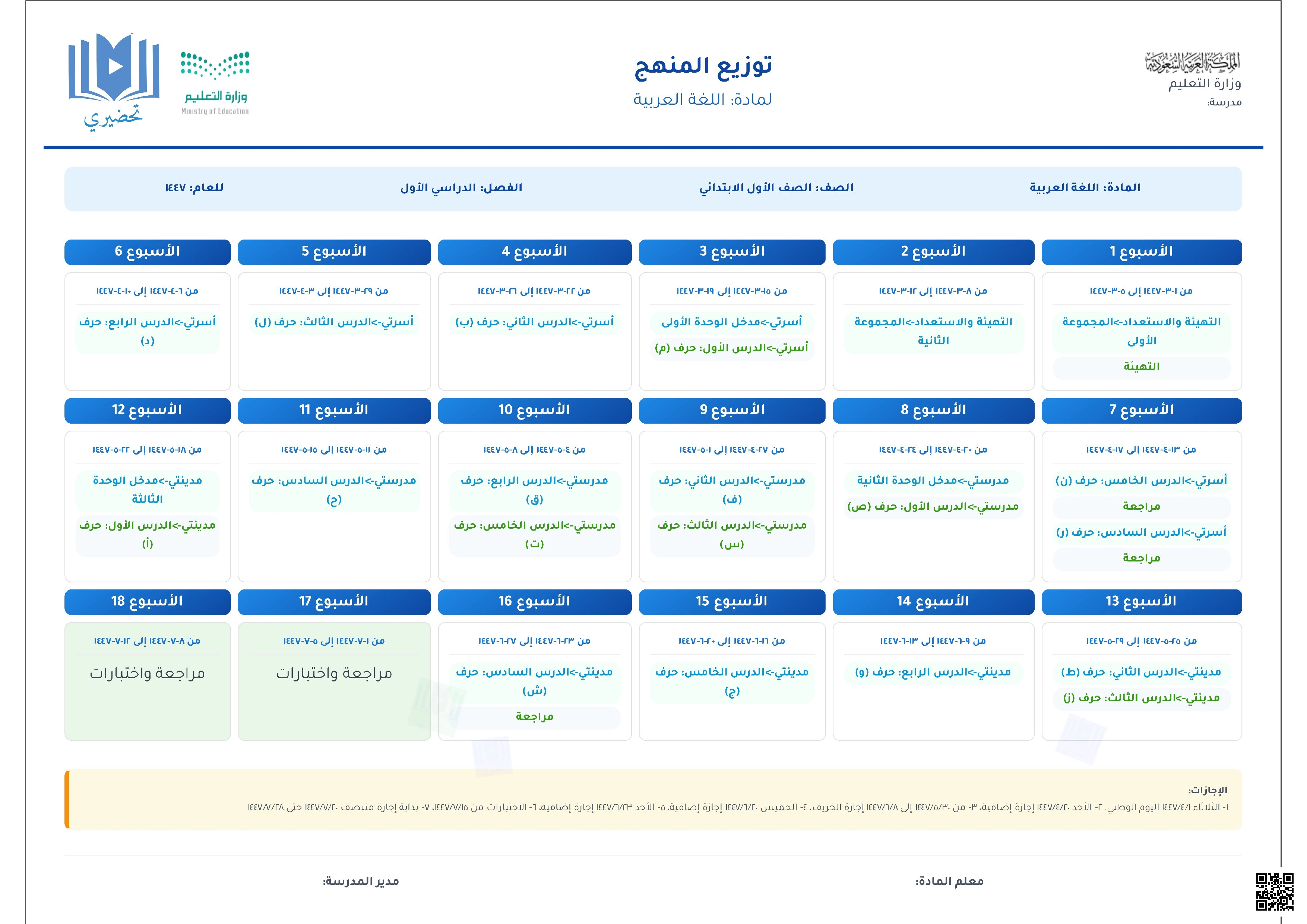 خطة توزيع لغتي الجميلة 1447ه‍ - لغة عربية - الصف الصف الأول - الفصل الفصل الأول