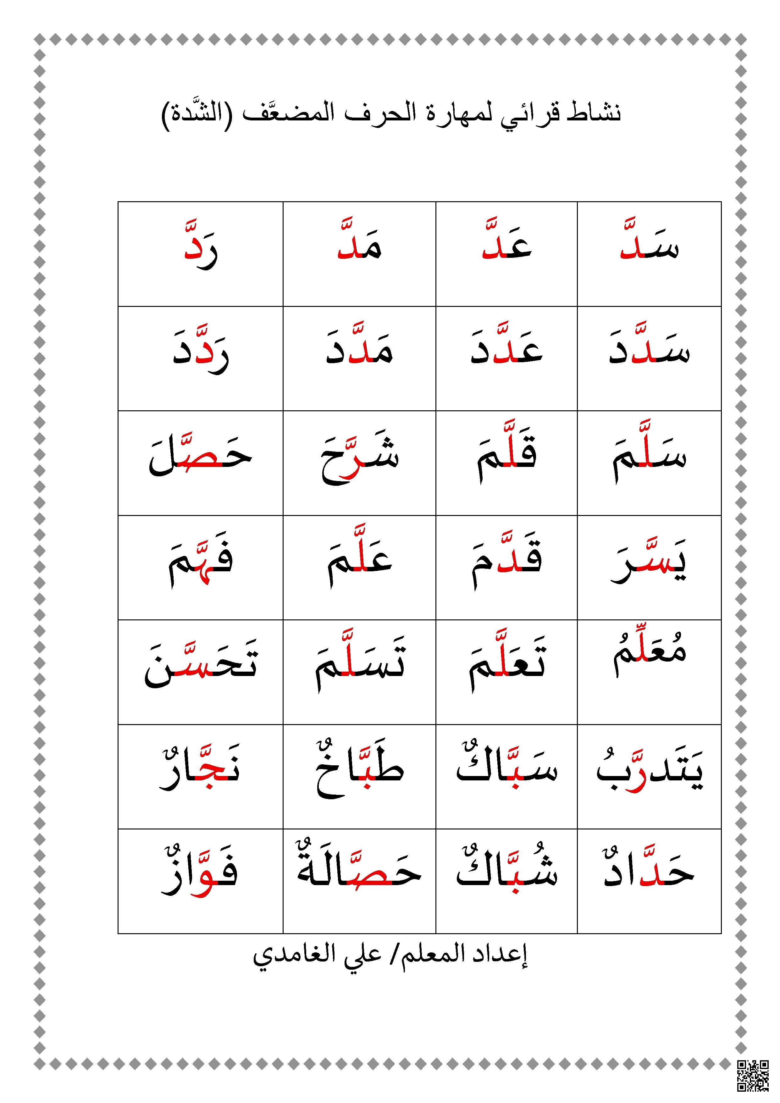 ورقة عمل لتعليم الحرف المشدد - لغة عربية - الصف الصف الأول - الفصل الفصل الثاني