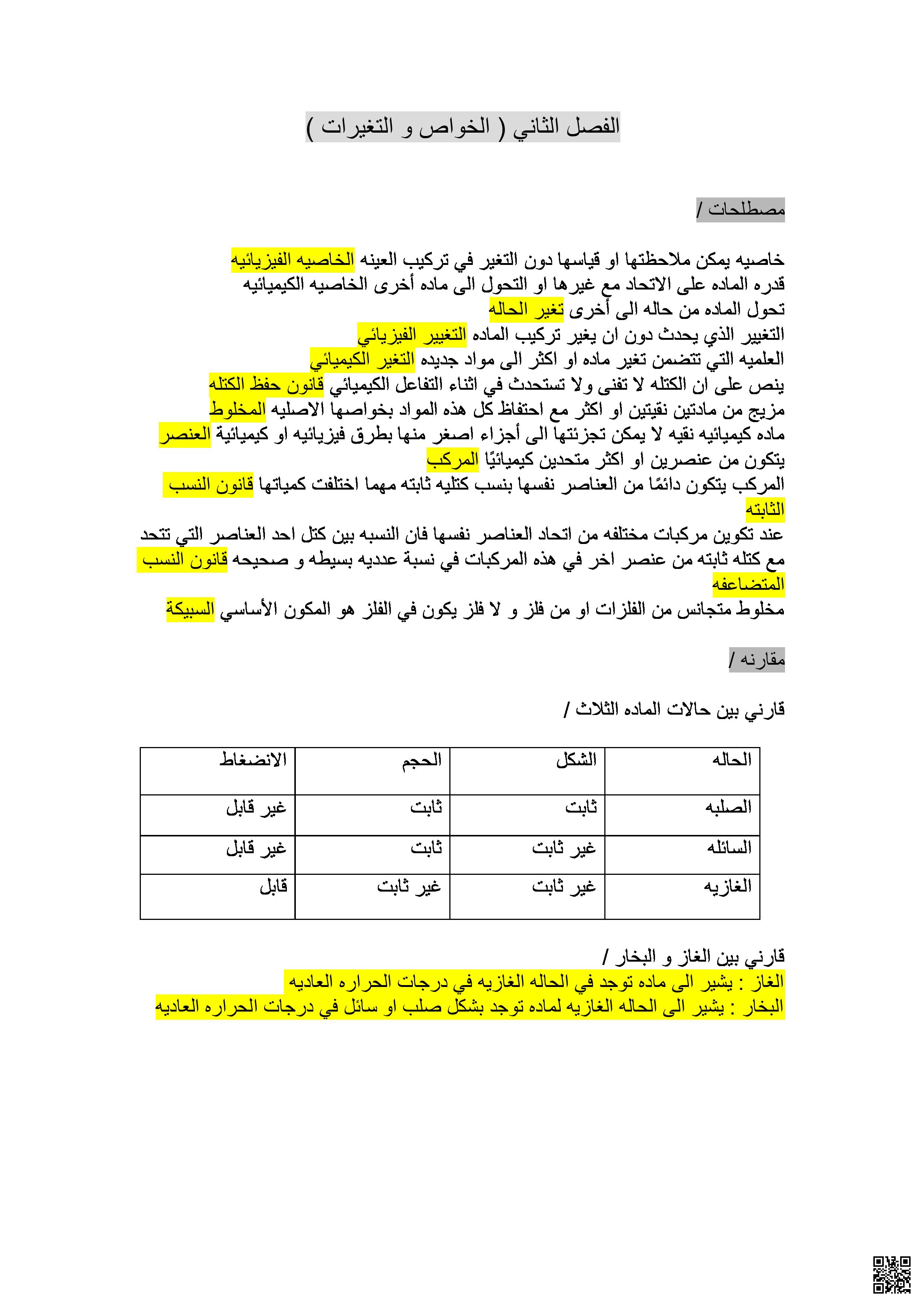 مراجعة الفصل الثاني الخواص والتغيرات محلولة - كيمياء - الصف الصف الأول الثانوي - الفصل الفصل الثالث