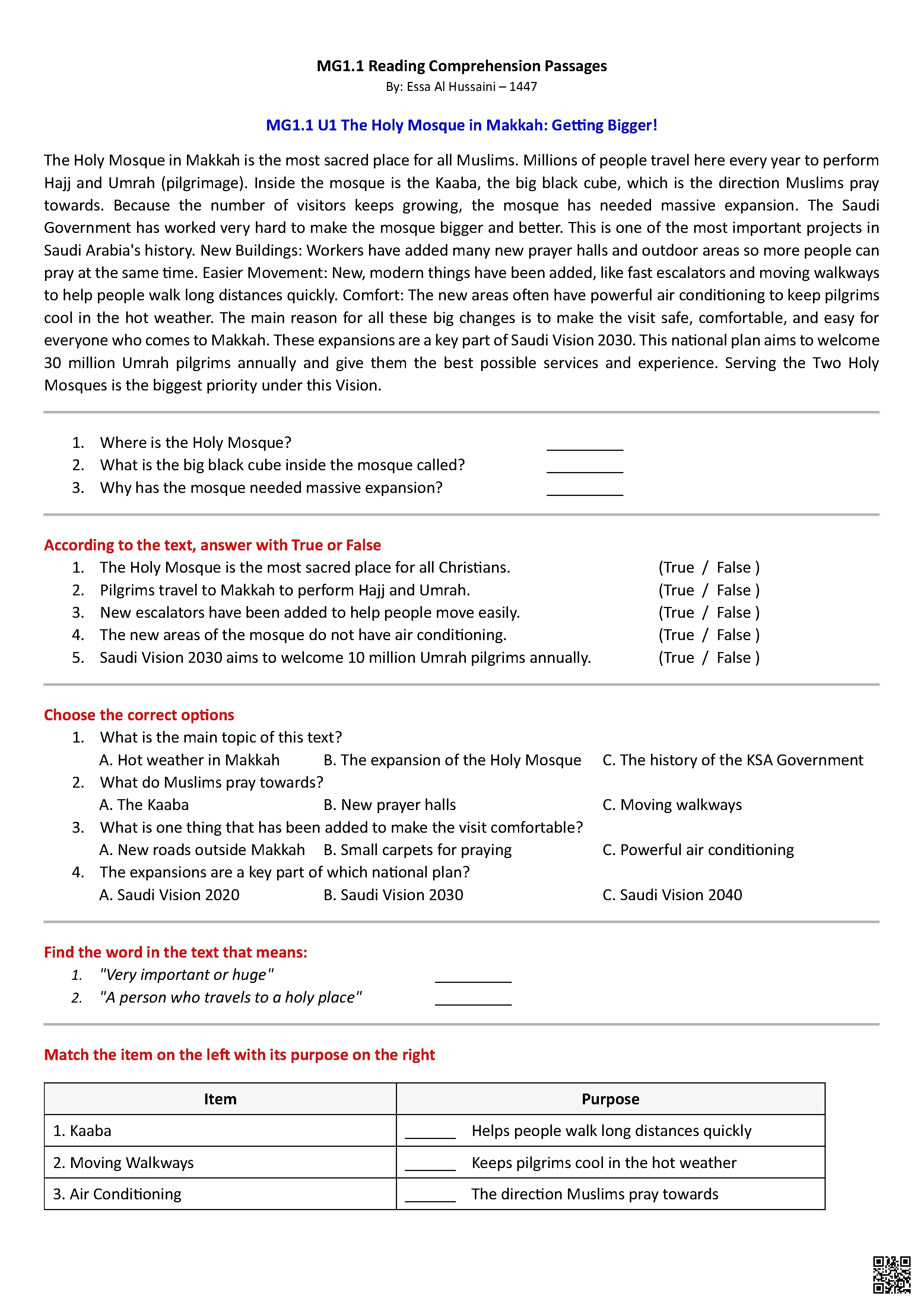 نصوص قرائية لفهم المقروء للصف الأول ثانوي مع ارتباط برؤية 2030 - لغة انجليزية - الصف الصف الأول الثانوي - الفصل الفصل الأول