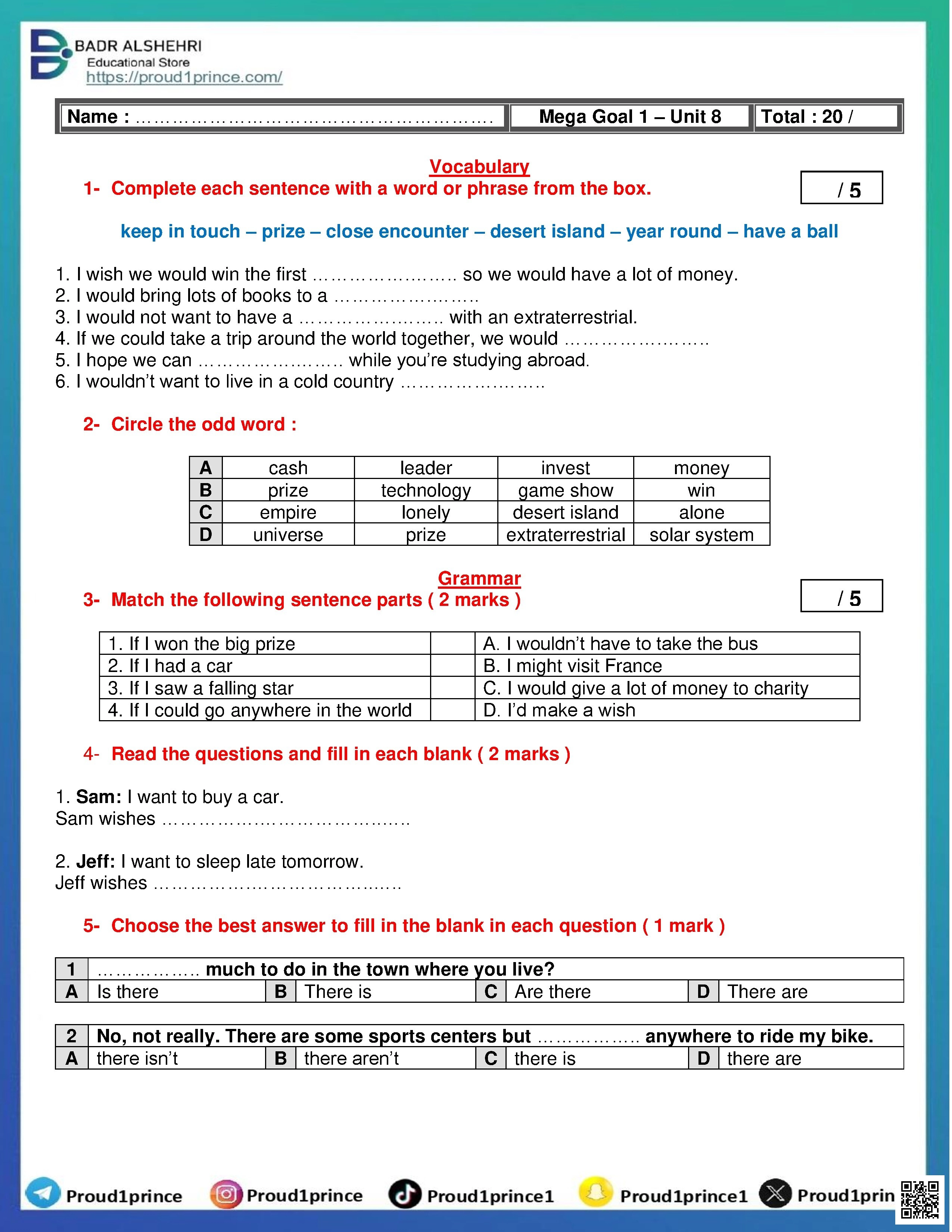 تقييم الوحدة الثامنة نموذج تدريبي مفردات قواعد قراءة تعبير مع الٱجابات النموذجية 2025-2026م - لغة انجليزية - الصف الصف الأول الثانوي - الفصل الفصل الثاني