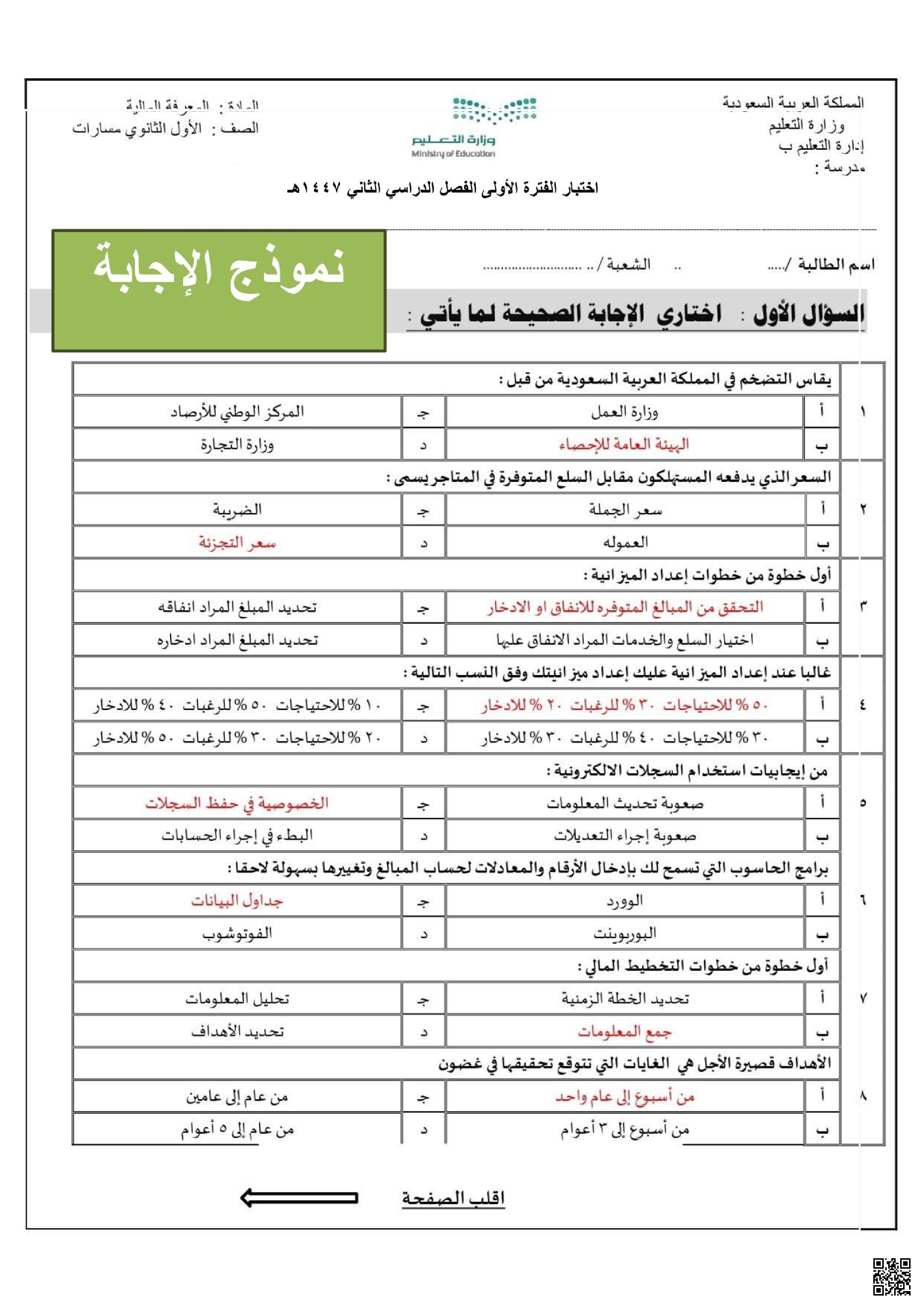 اختبار الفترة الأولى المعرفة المالية حول التخطيط للشراء والمهارات الشخصية 1447ه‍ مع نموذج الإجابة