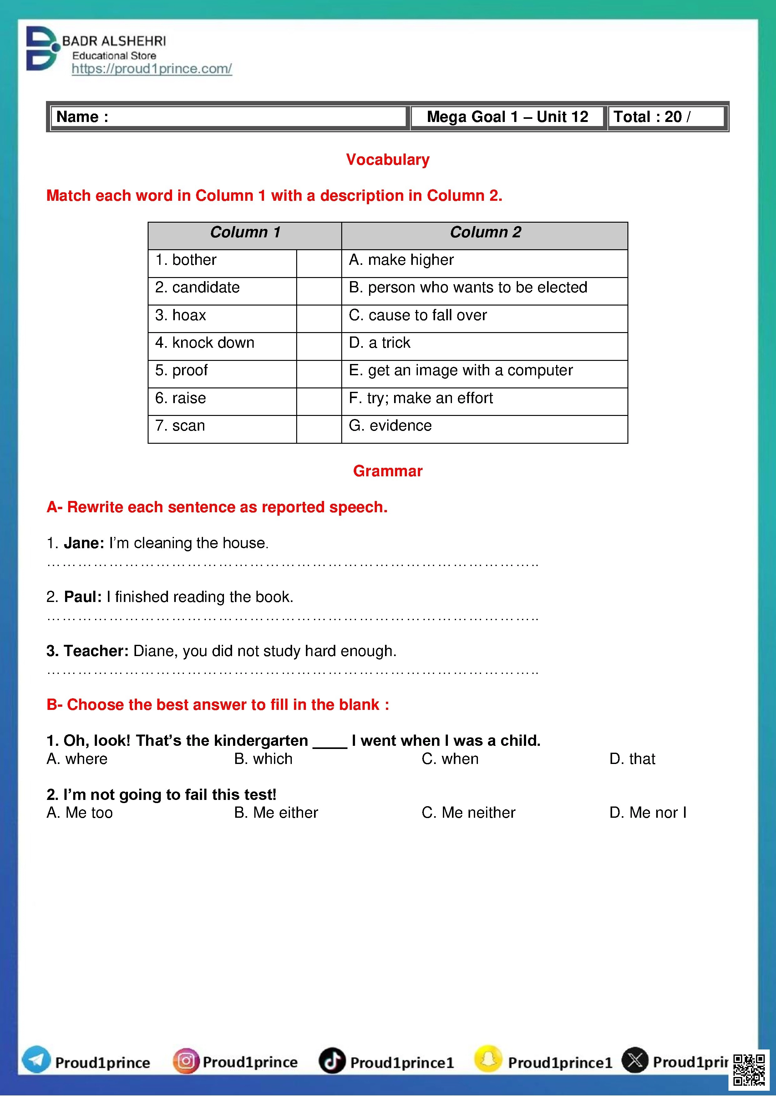 قاموس شامل 1447ه‍ من الوحدة 7 إلى 12 - لغة انجليزية - الصف الصف الأول الثانوي - الفصل الفصل الثاني