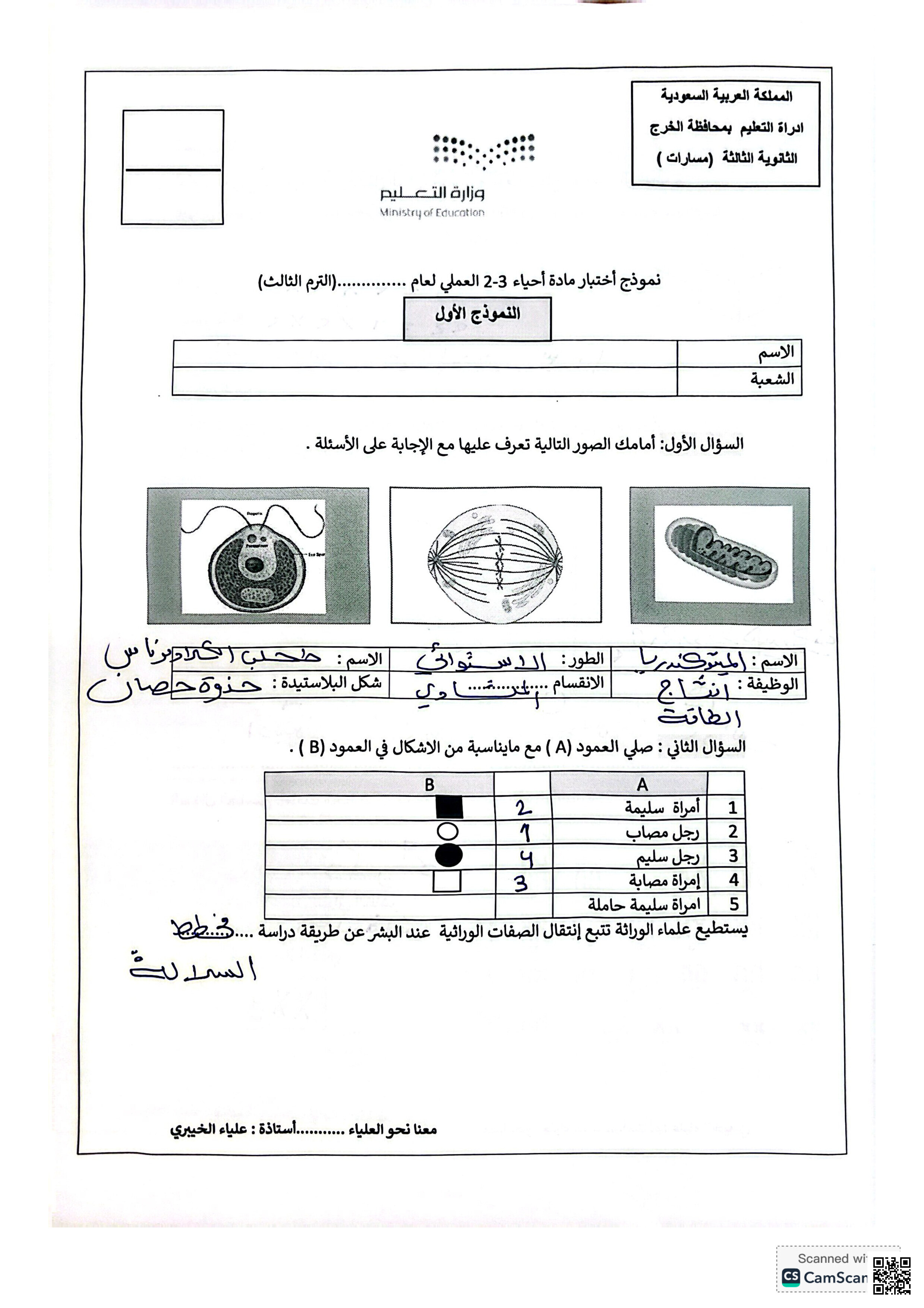 حل النموذج الأول للاختبار العملي أحياء 2 - علوم - الصف الصف الثاني الثانوي - الفصل الفصل الثالث