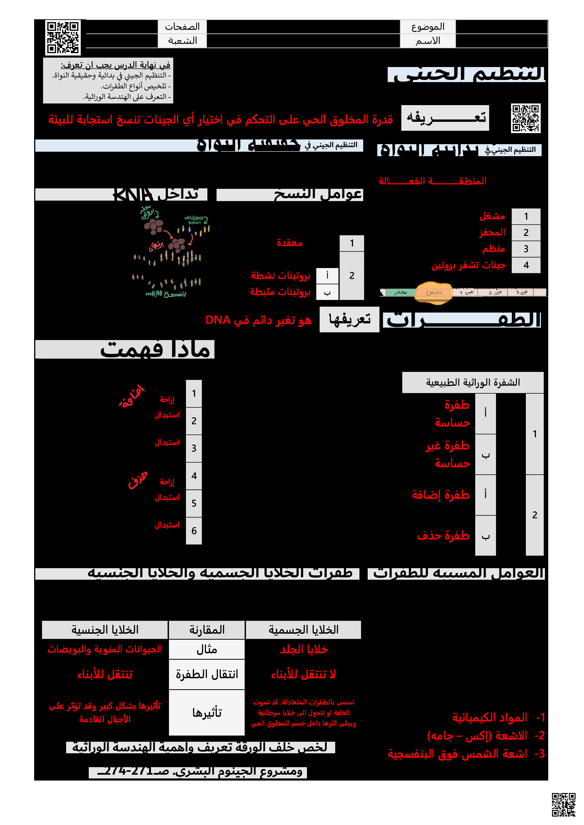 ملزمة أحياء وورقة عمل التنظيم الجيني والطفرات - علوم - الصف الصف الثاني الثانوي - الفصل الفصل الثالث