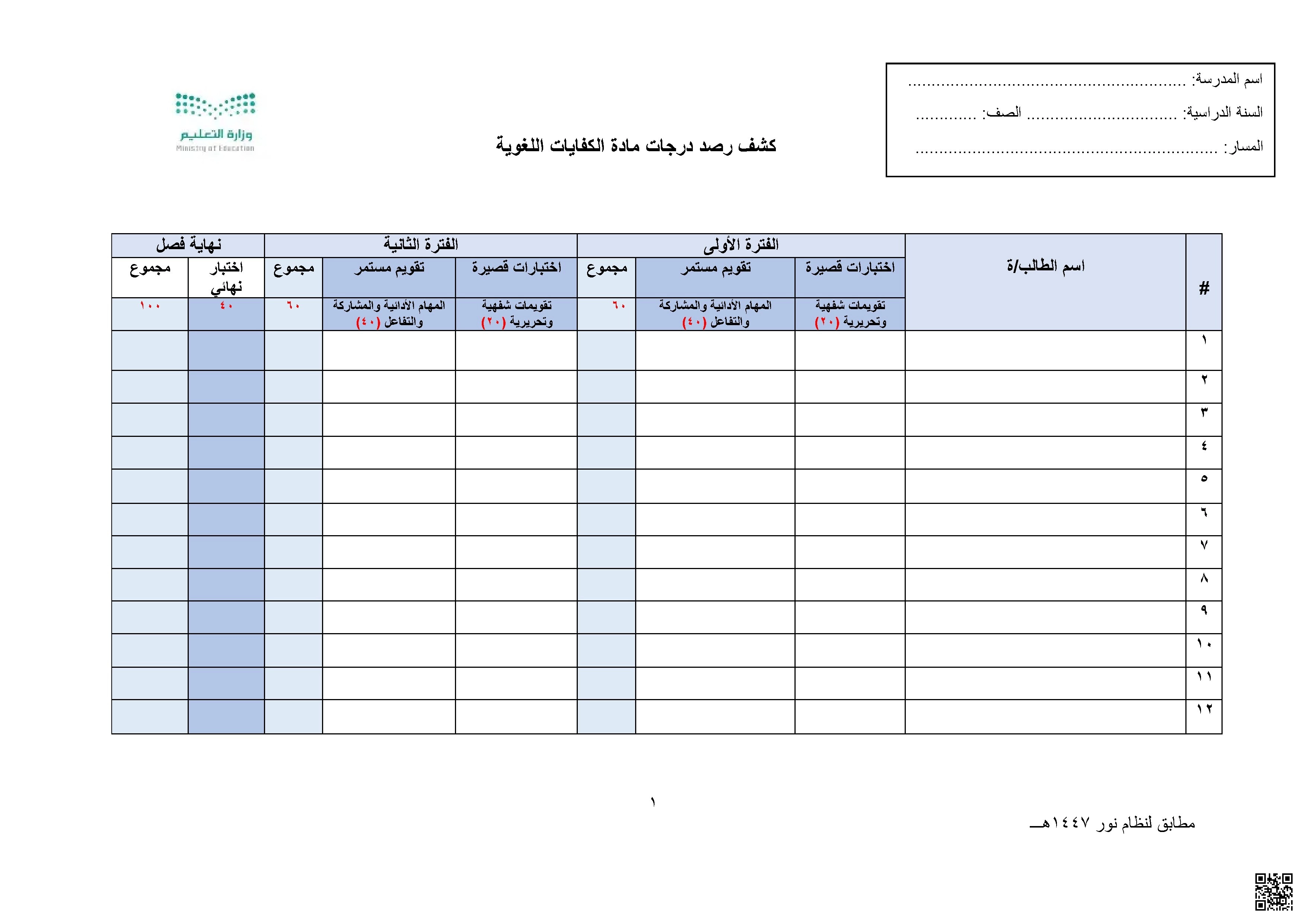 نموذج كشف رصد الدرجات 1447 - لغة عربية - الصف الصف الثاني الثانوي - الفصل الفصل الأول