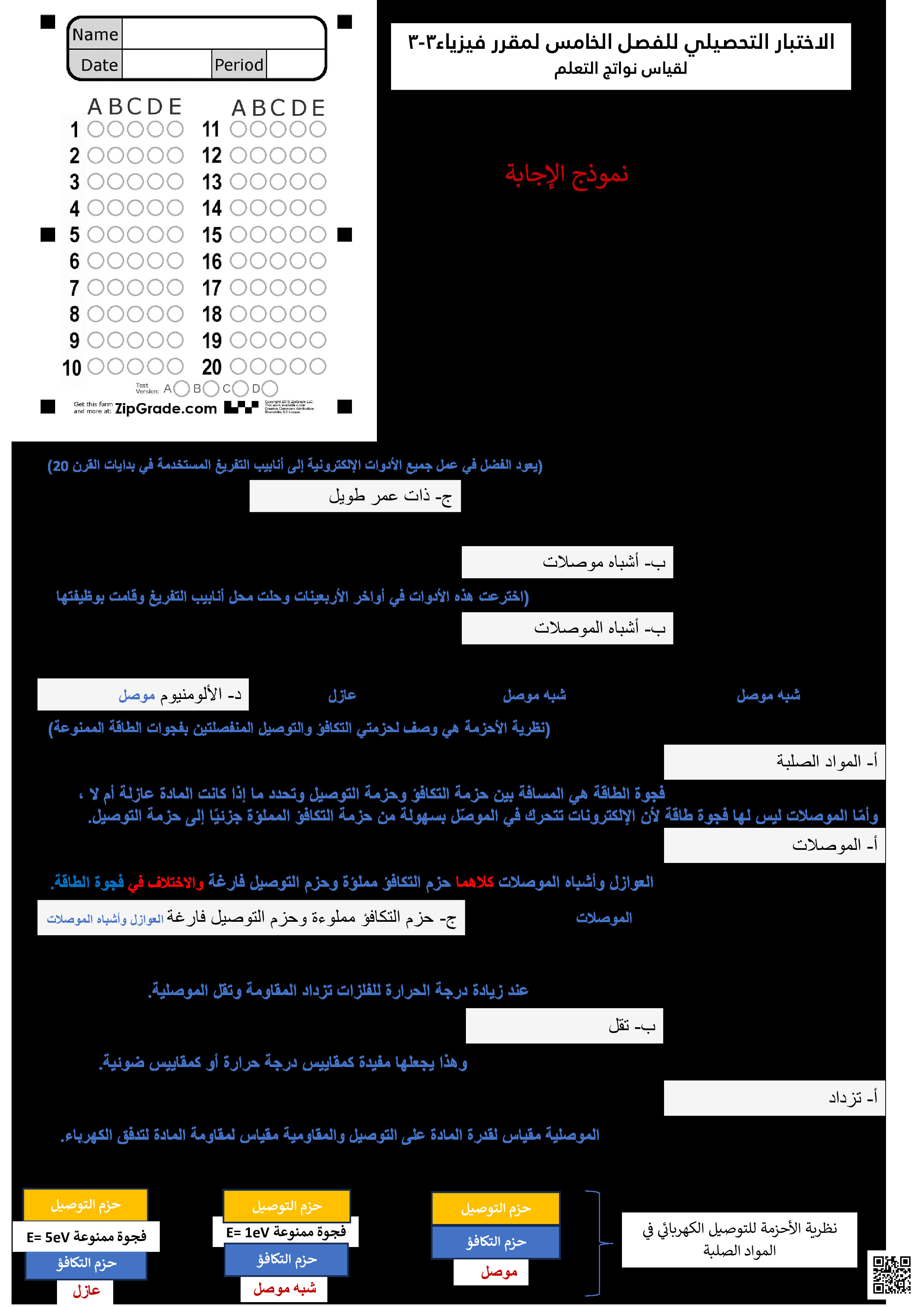 الاختبار التحصيلي للفصل الخامس إلكترونيات الحالة الصلبة مع الحل - فيزياء - الصف الصف الثالث الثانوي - الفصل الفصل الثالث