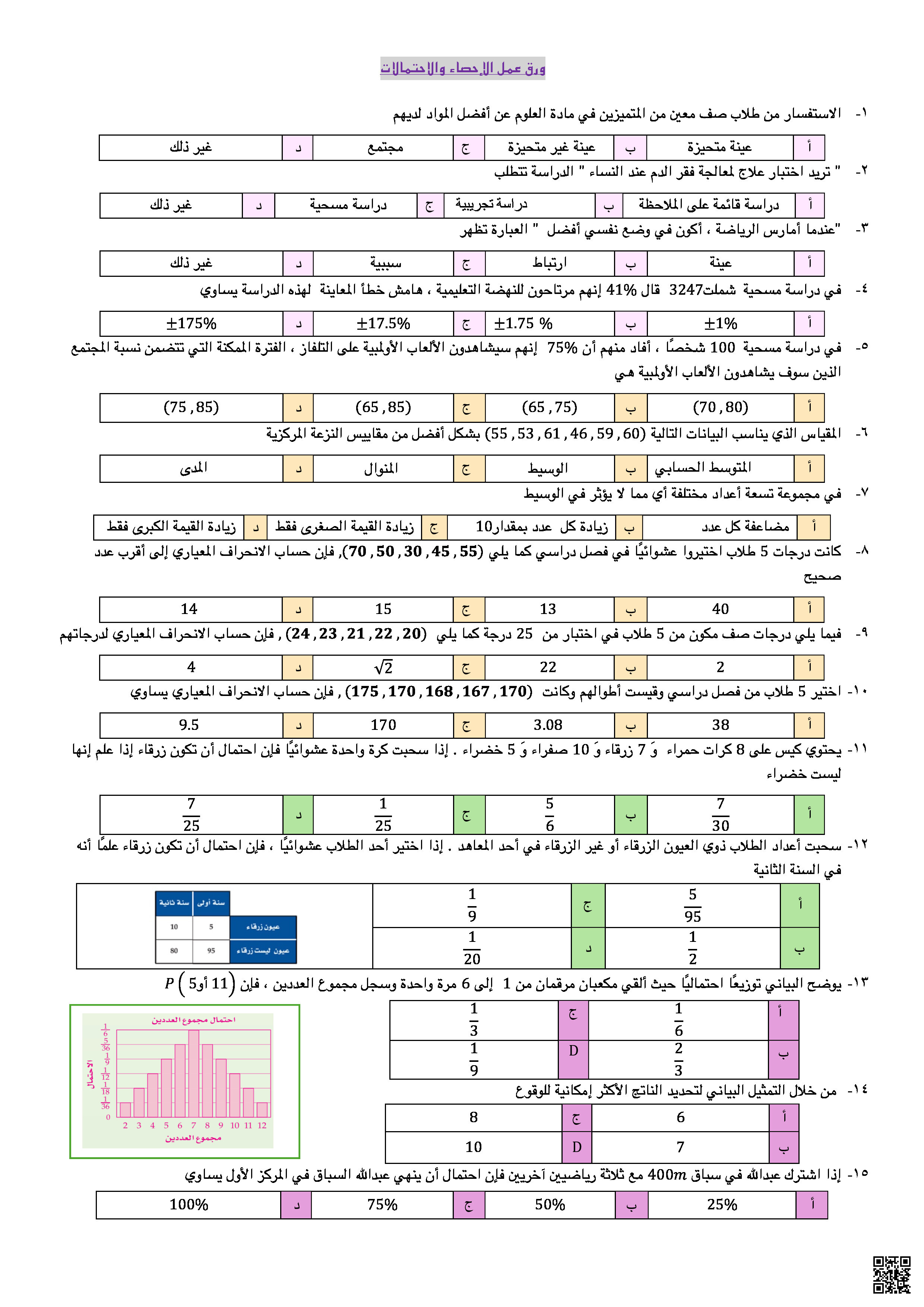 مراجعة محلولة لباب الاحتمالات - رياضيات - الصف الصف الثالث الثانوي - الفصل الفصل الثالث