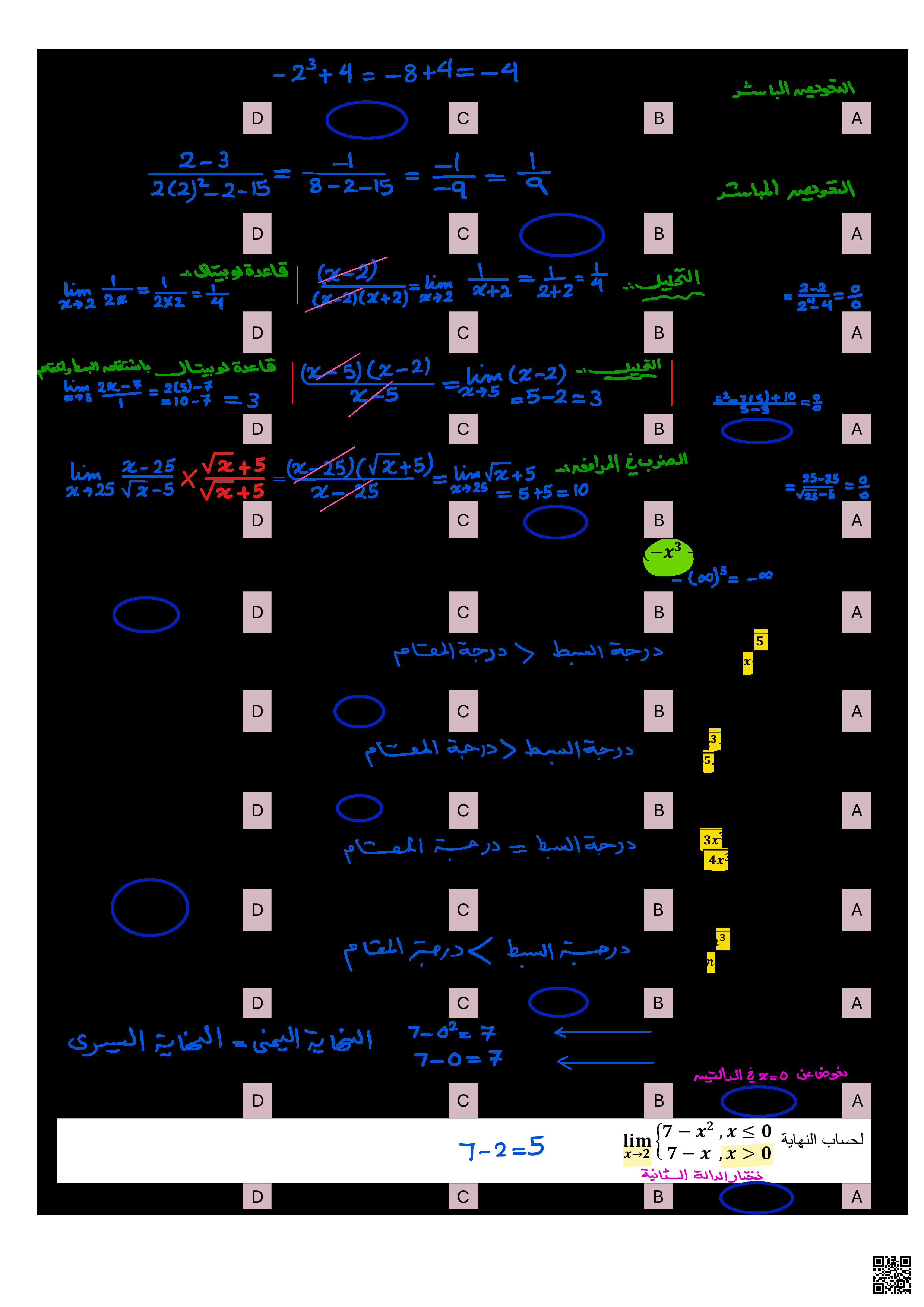 حلول مراجعة النهايات والاشتقاق - رياضيات - الصف الصف الثالث الثانوي - الفصل الفصل الثالث