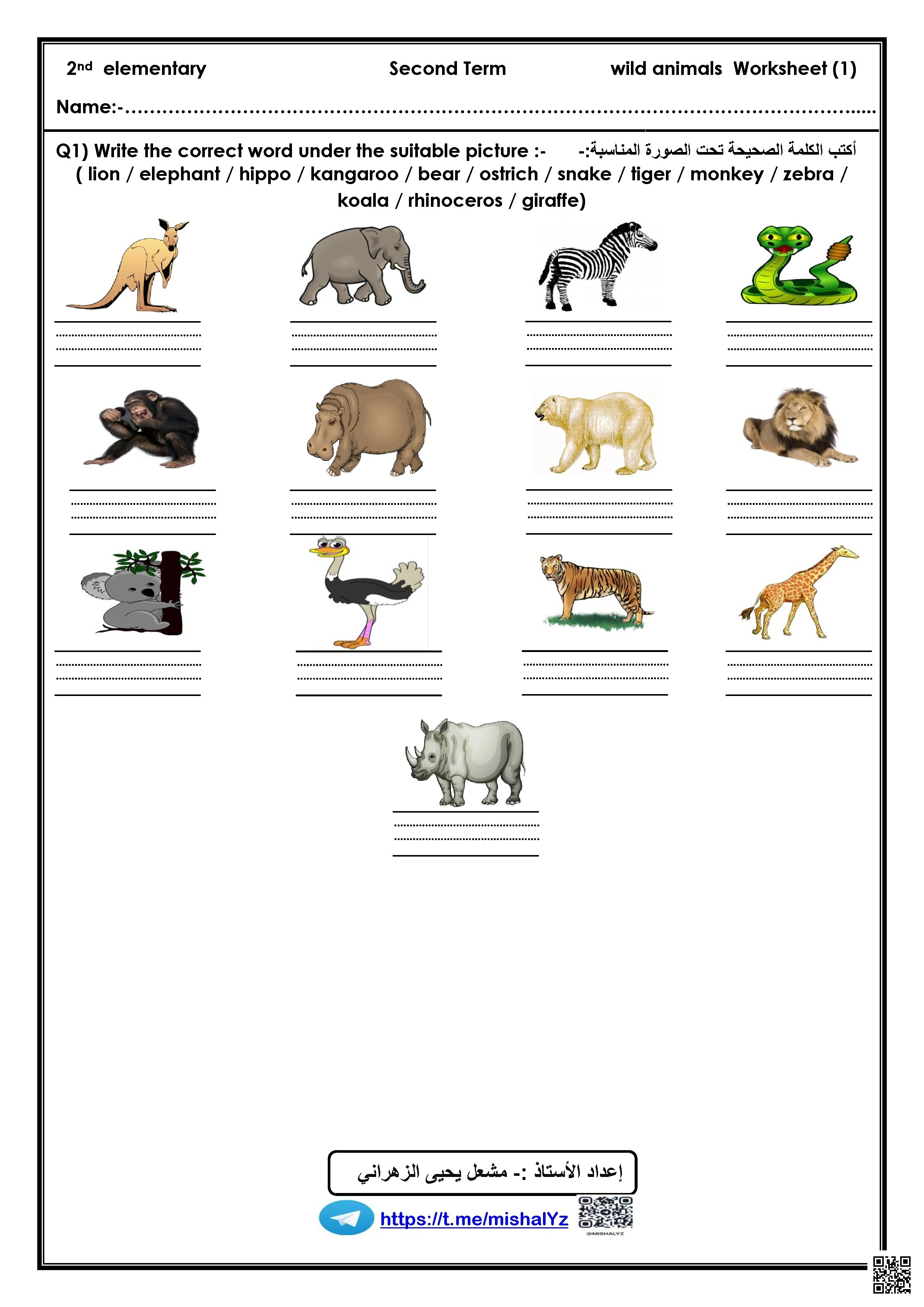 أوراق عمل متنوعة لوحدة الحيوانات البرية - لغة انجليزية - الصف الصف الثاني - الفصل الفصل الثاني