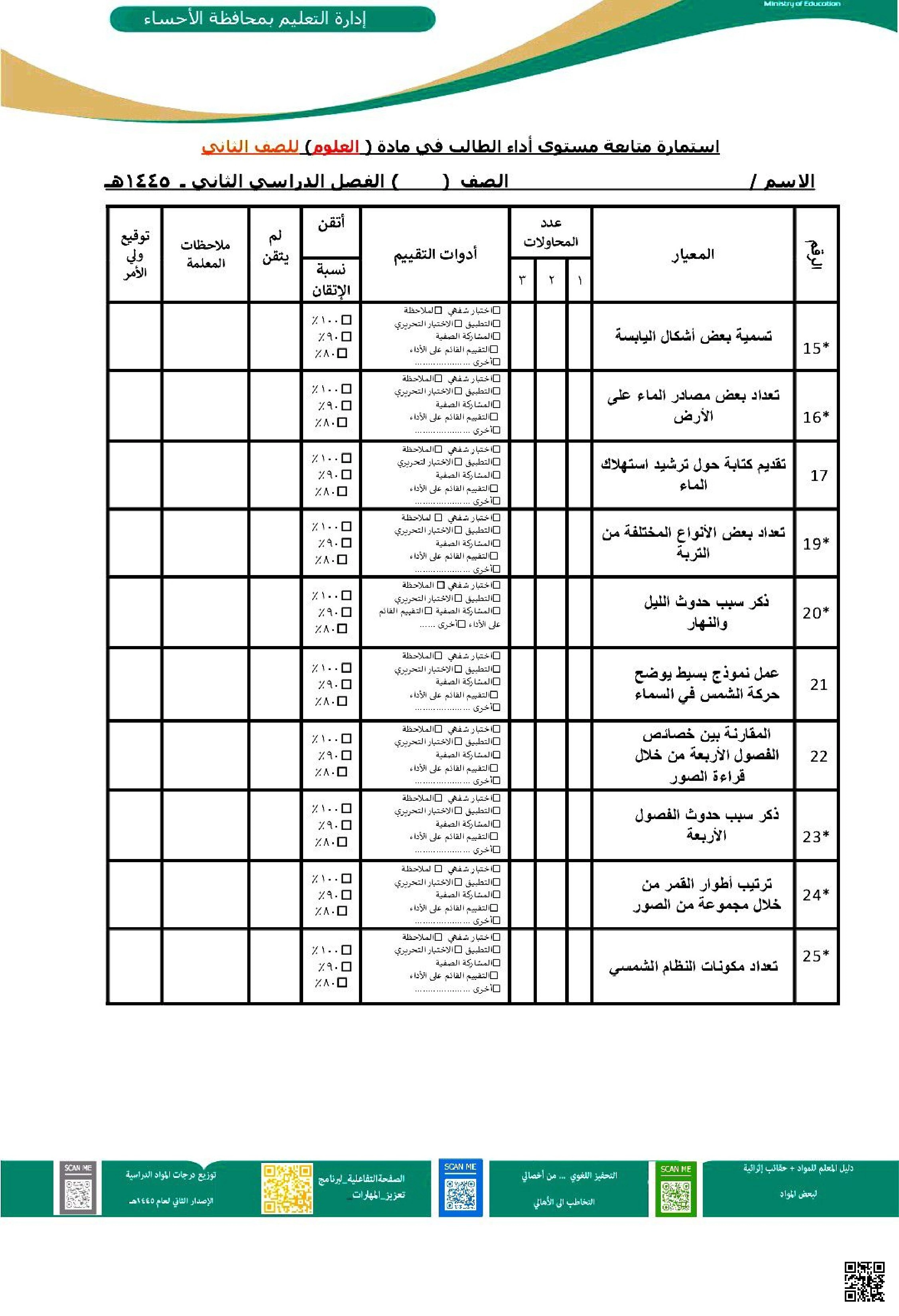 استمارة متابعة أداء الطالب بمحافظة الإحساء - علوم - الصف الصف الثاني - الفصل الفصل الثاني