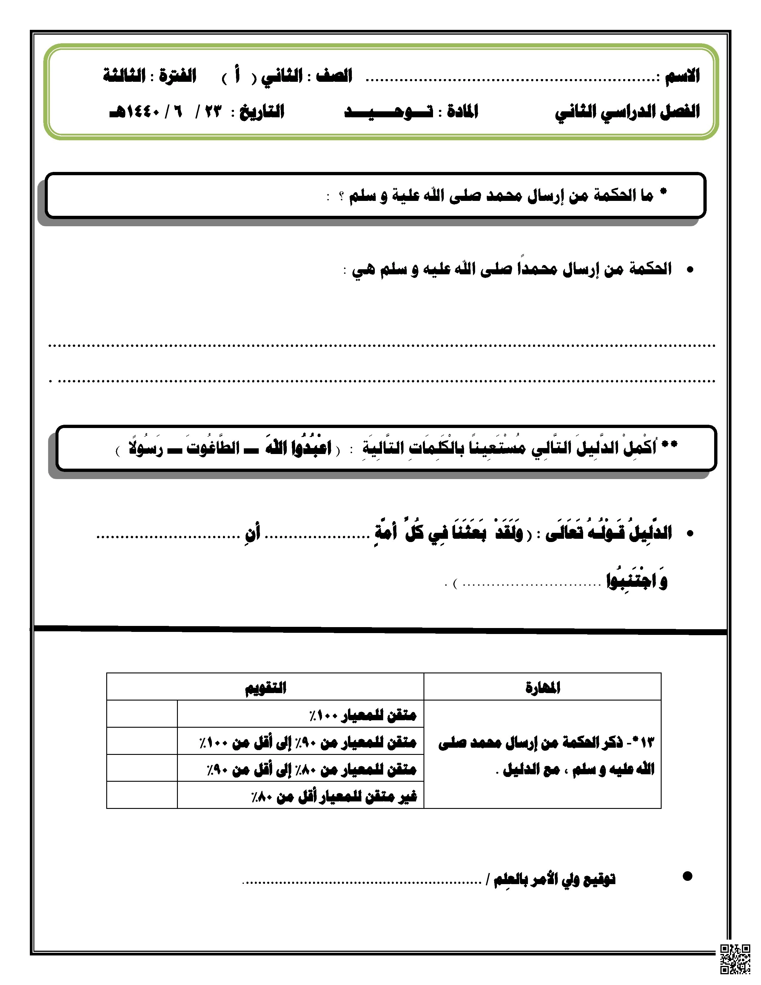 ورقة تقييم درس الحكمة من إرسال الرسول الفترة الثالثة
