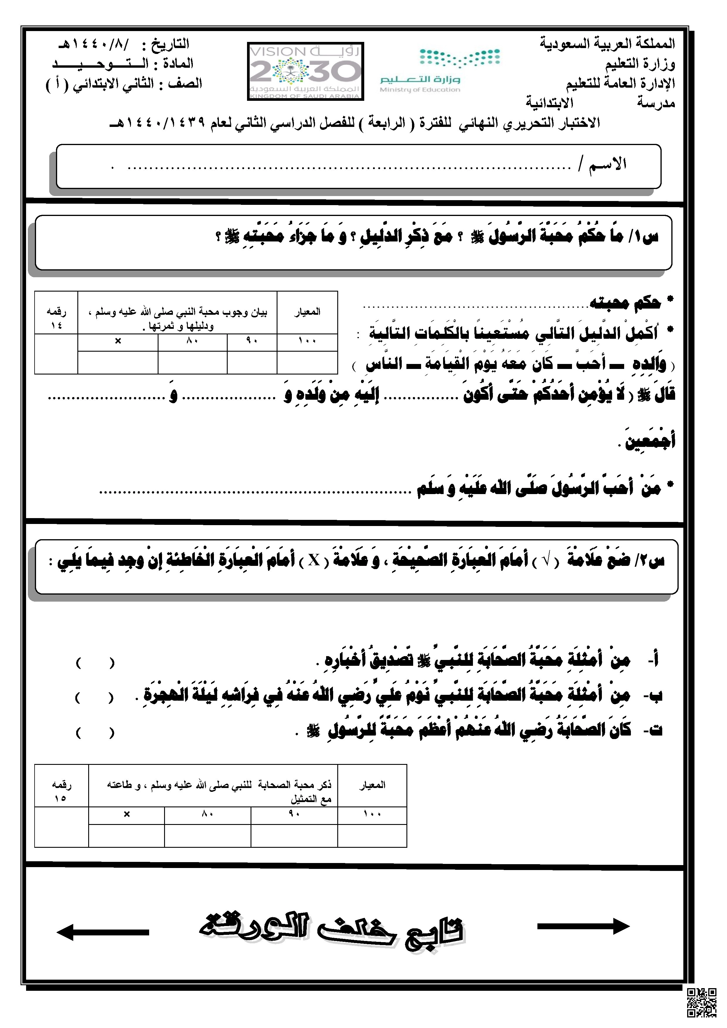 الاختبار التحريري النهائي الفترة الرابعة 1440ه‍ غير محلول