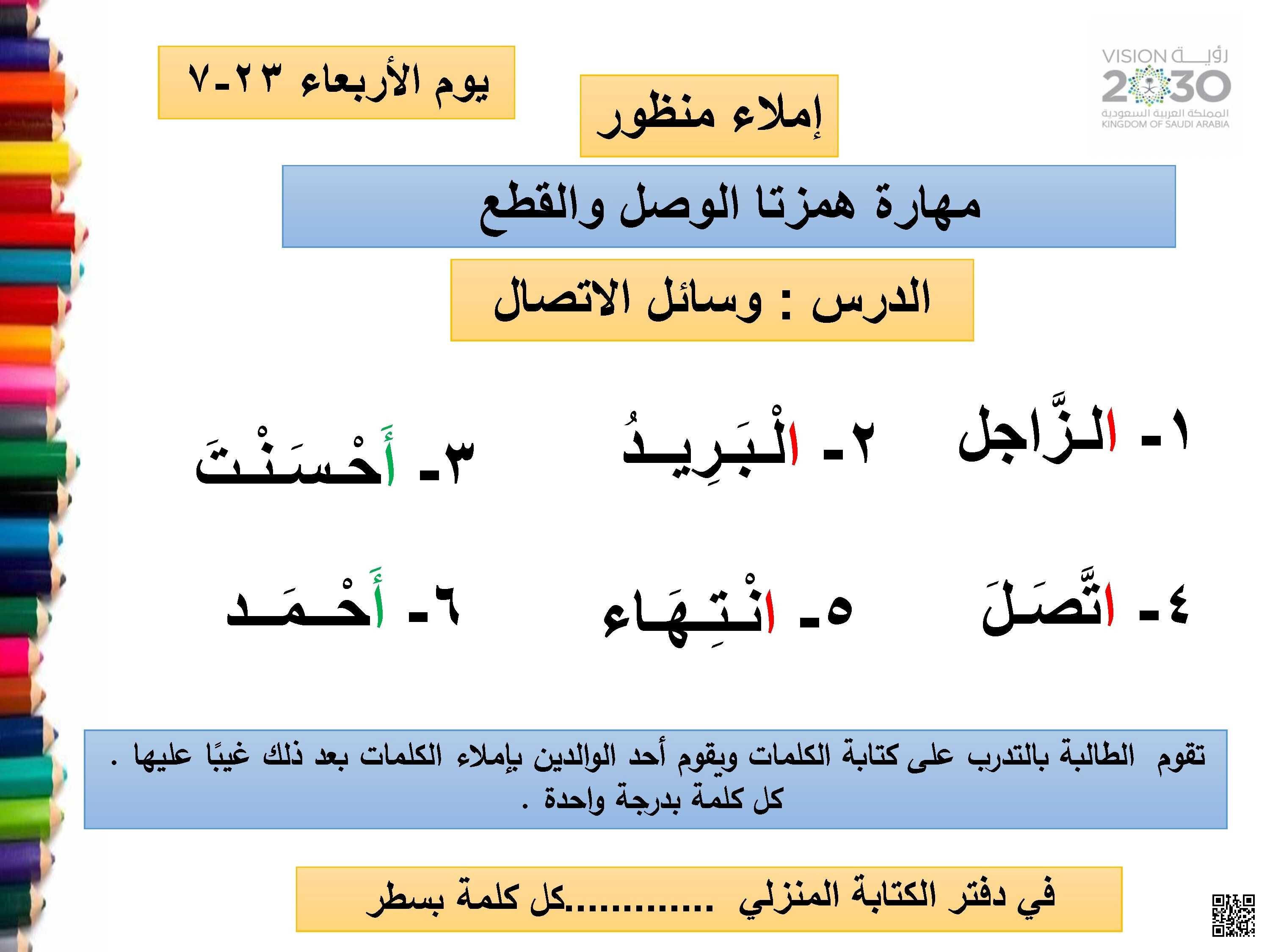 إملاء منظور في همزتي الوصل والقطع والأسماء الخمسة درس وسائل الاتصال